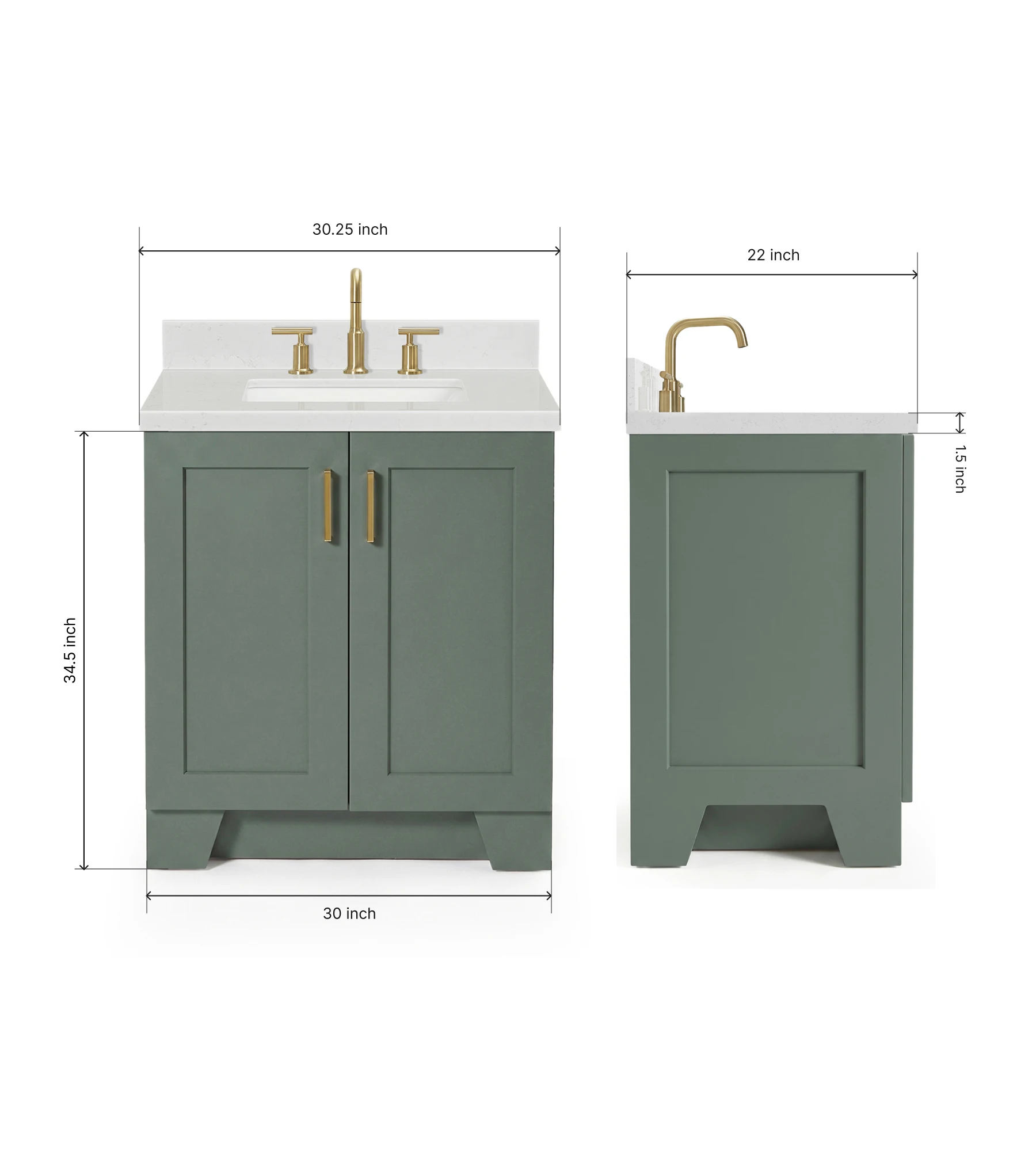 Ariel Taylor 30 Inch Single Rectangle Sink Bathroom Vanity with Carrara White Quartz Countertop 1.5 Inch in Vintage Sage Green