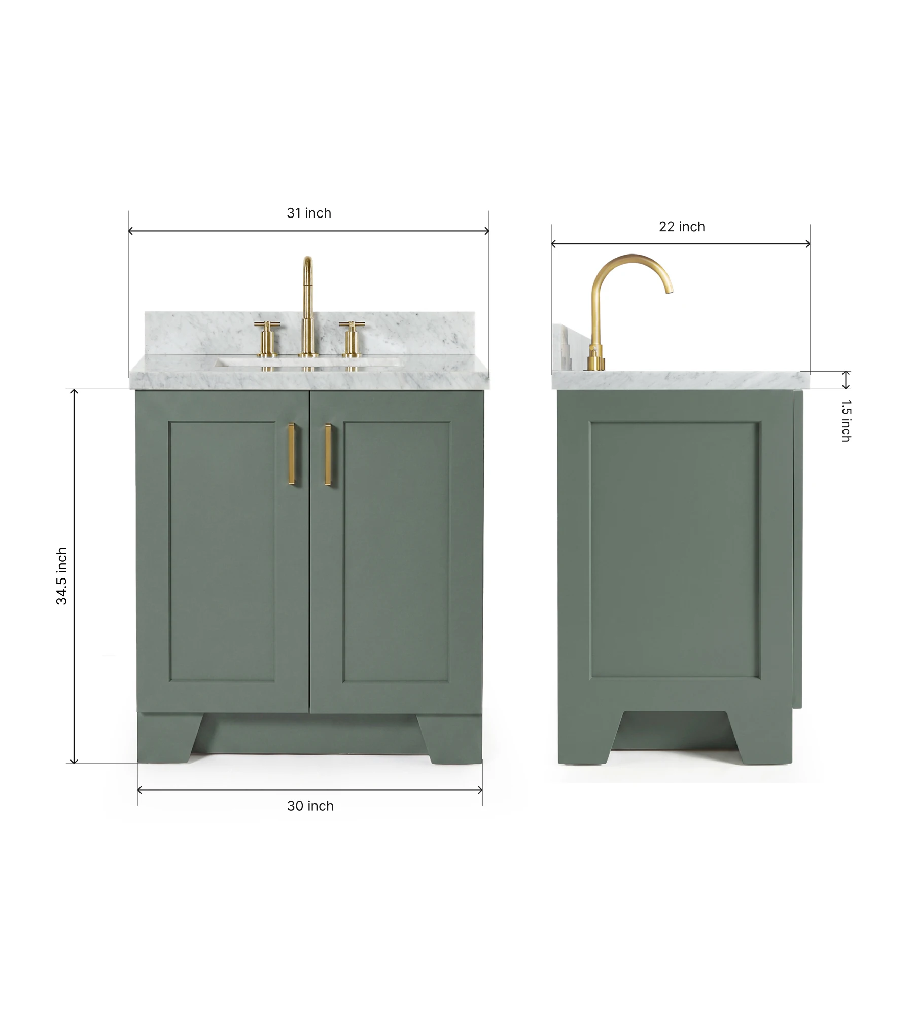 Ariel Taylor 31 Inch Single Rectangle Sink Bathroom Vanity with Carrara White Marble Countertop 1.5 Inch in Vintage Sage Green