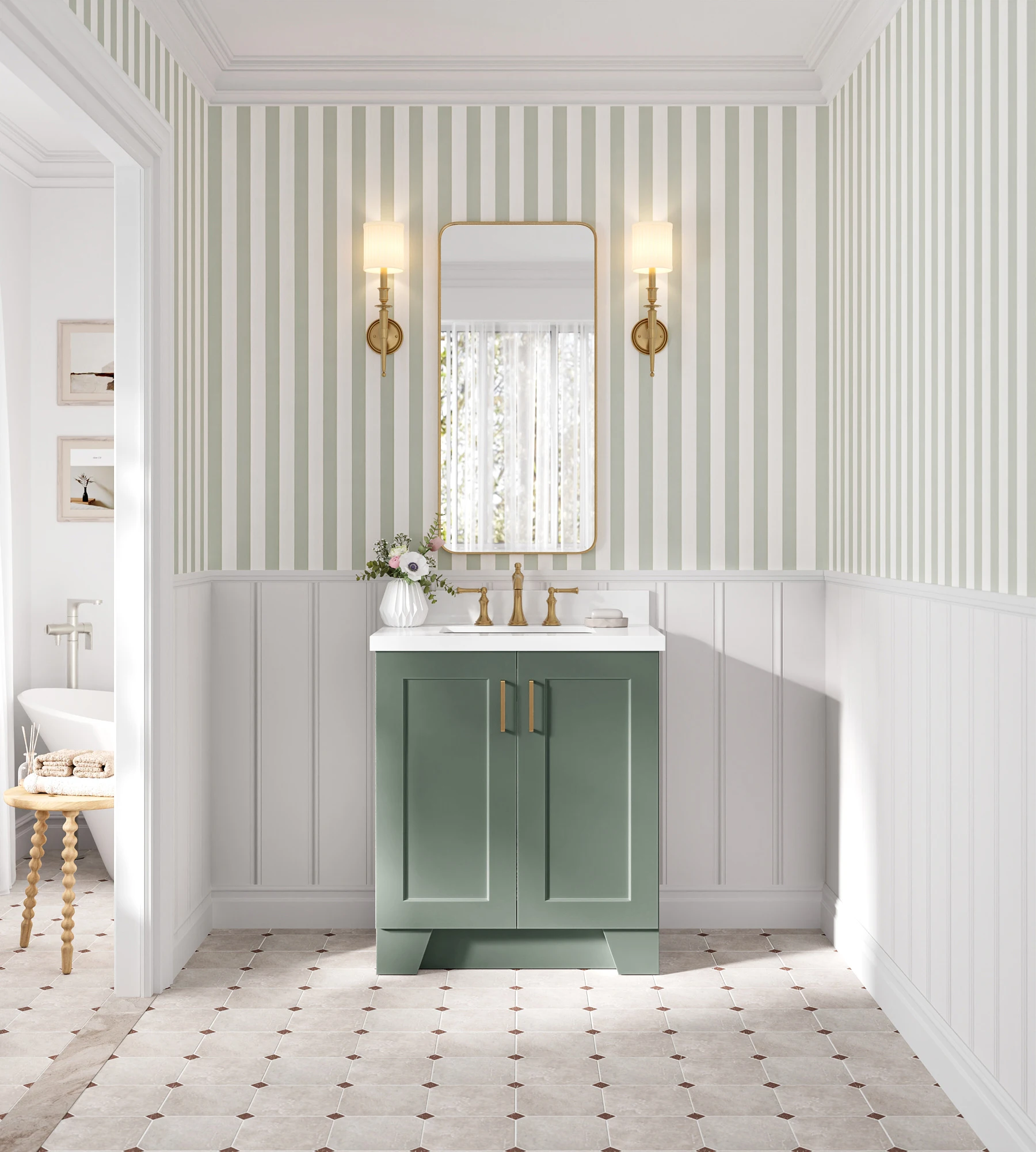 Ariel Taylor 31 Inch Single Rectangle Sink Bathroom Vanity with Pure White Quartz Countertop 1.5 Inch in Vintage Sage Green