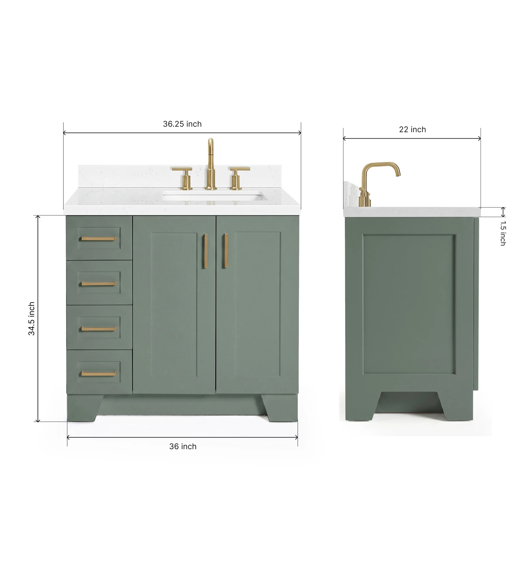 Ariel Taylor 36 Inch Right Offset Single Rectangle Sink Bathroom Vanity with Carrara White Quartz Countertop 1.5 Inch in Vintage Sage Green