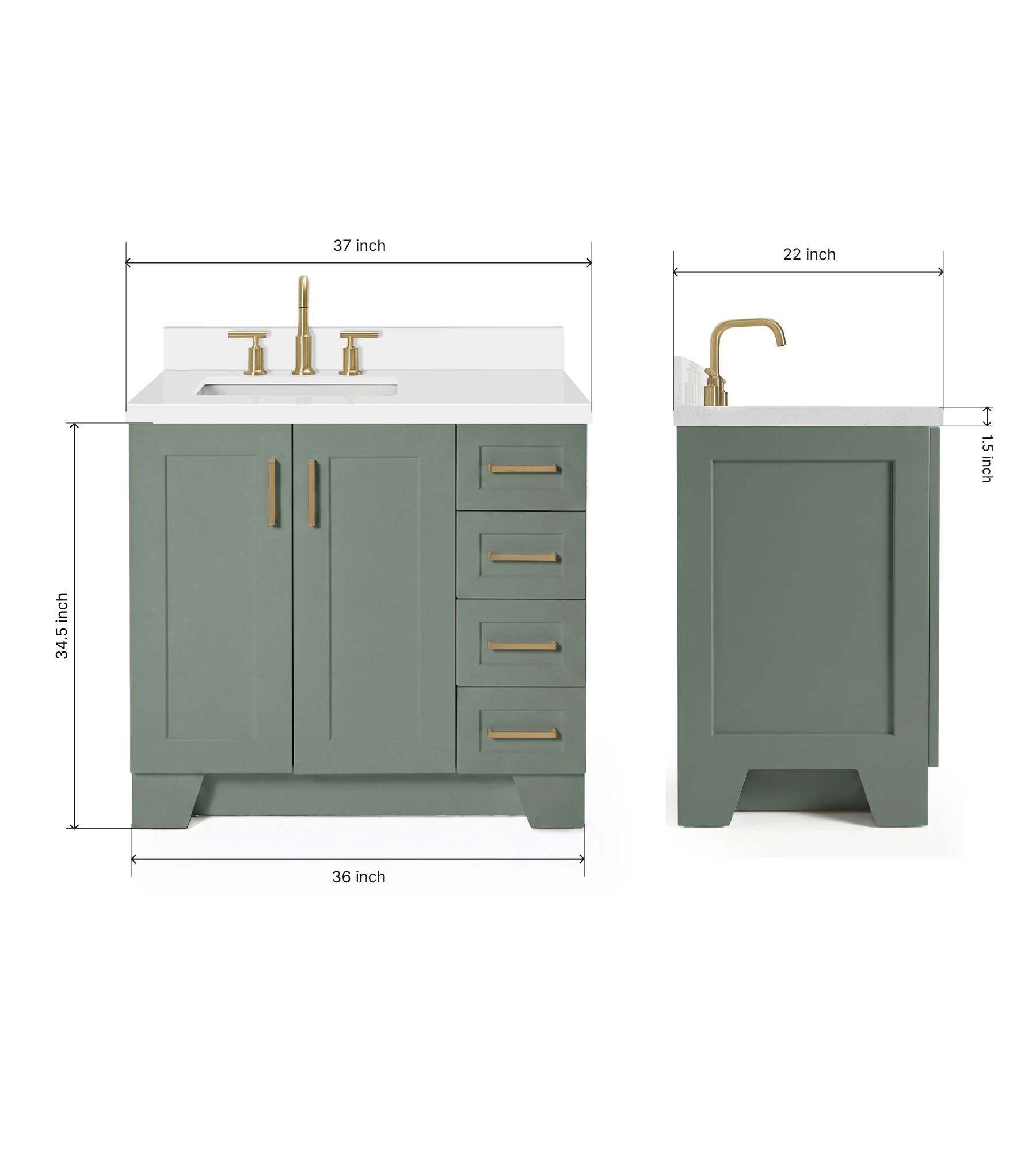 Ariel Taylor 37 Inch Left Offset Single Rectangle Sink Bathroom Vanity with Pure White Quartz Countertop 1.5 Inch in Vintage Sage Green