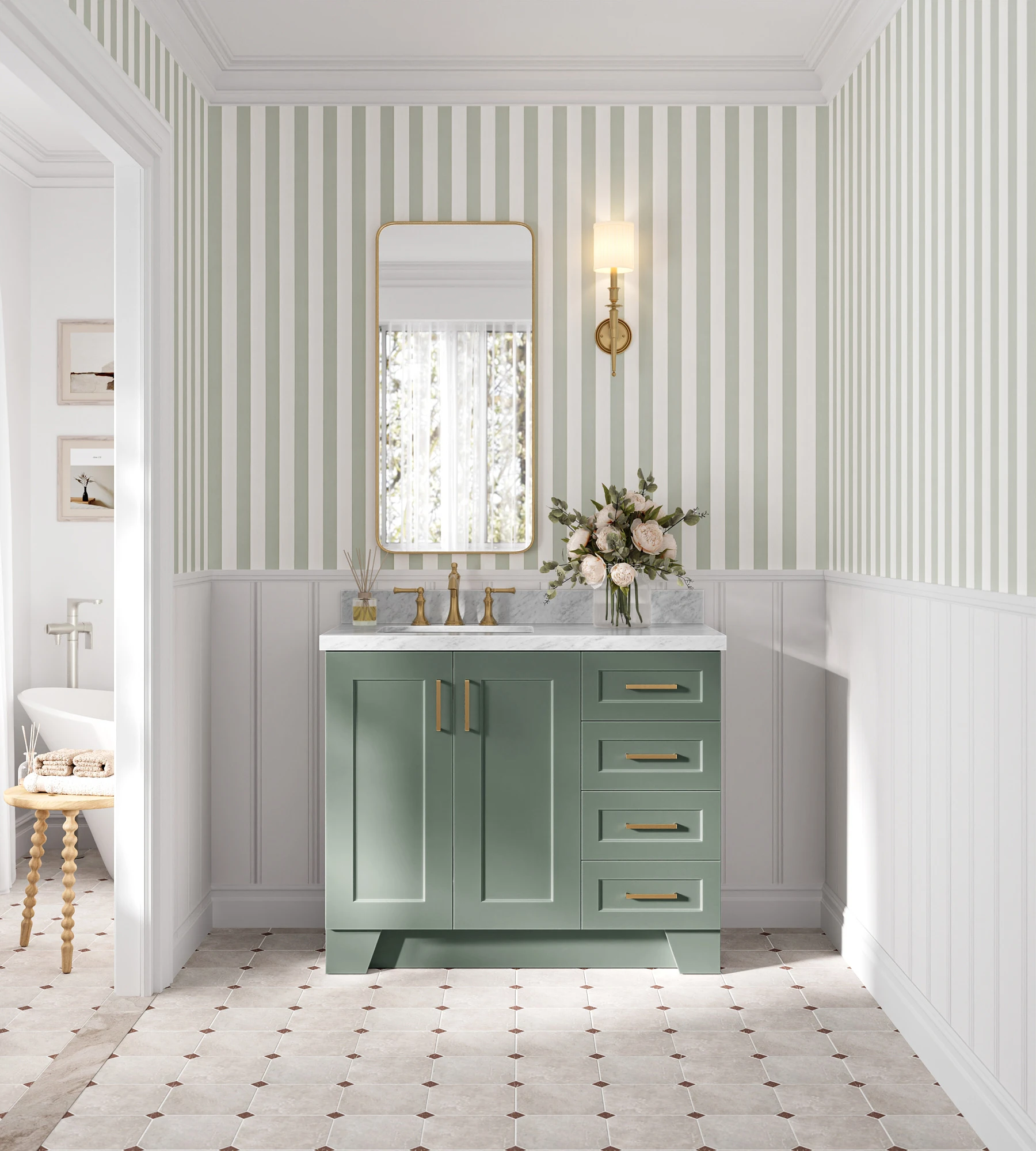 Ariel Taylor 43 Inch Left Offset Single Rectangle Sink Bathroom Vanity with Carrara White Marble Countertop 1.5 Inch in Vintage Sage Green