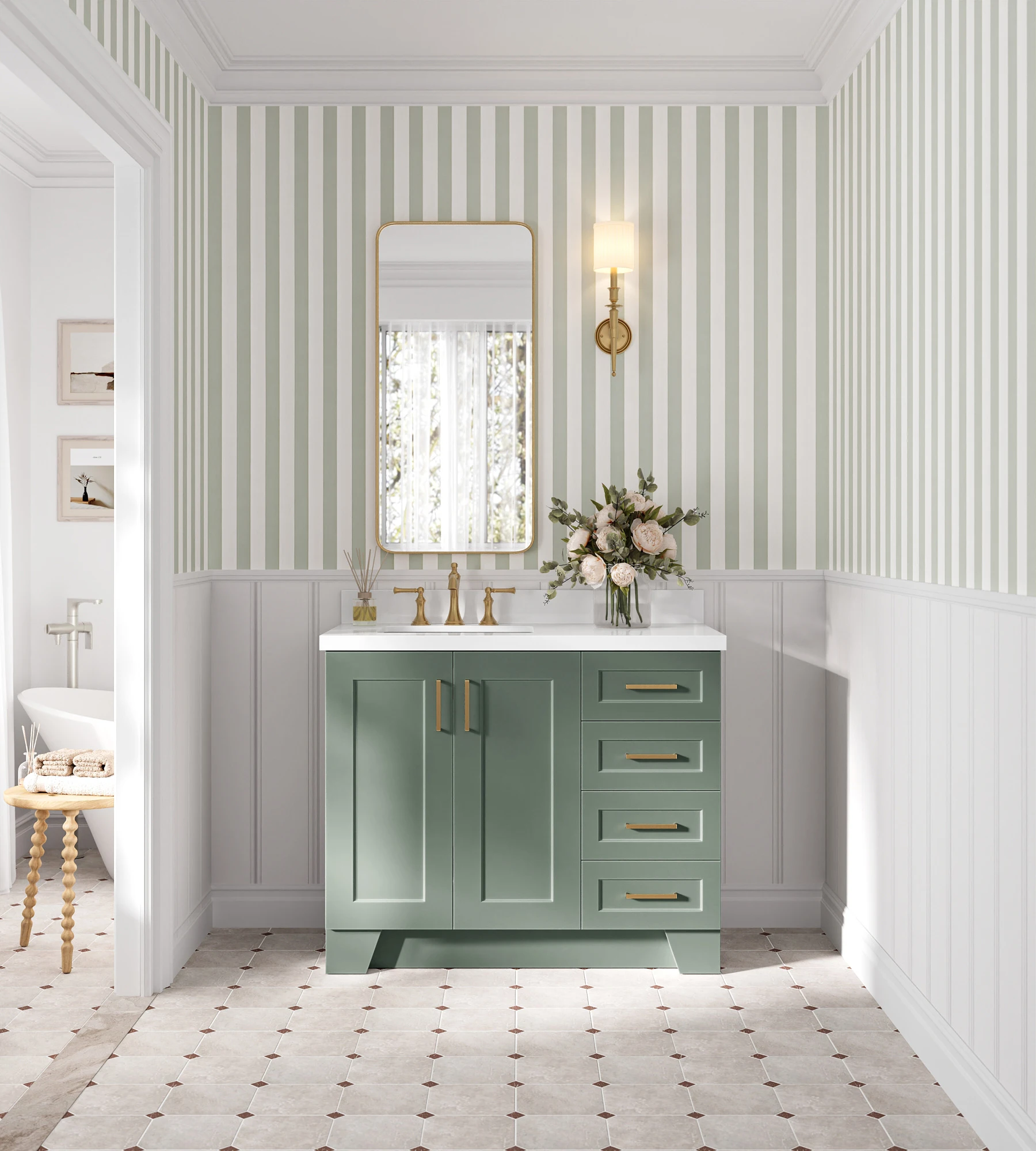 Ariel Taylor 43 Inch Left Offset Single Rectangle Sink Bathroom Vanity with Pure White Quartz Countertop 1.5 Inch in Vintage Sage Green