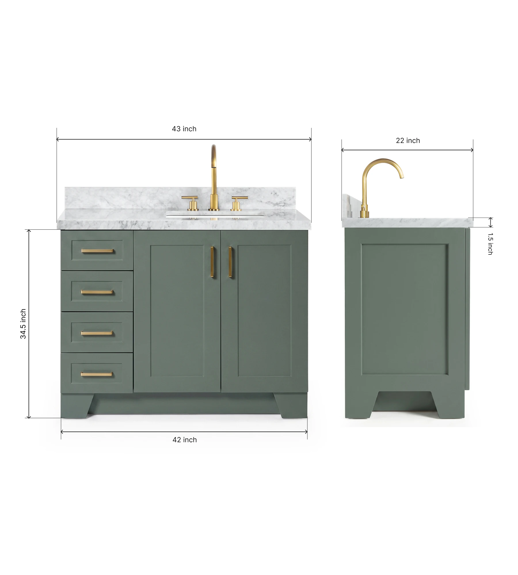 Ariel Taylor 43 Inch Right Offset Single Rectangle Sink Bathroom Vanity with Carrara White Marble Countertop 1.5 Inch in Vintage Sage Green