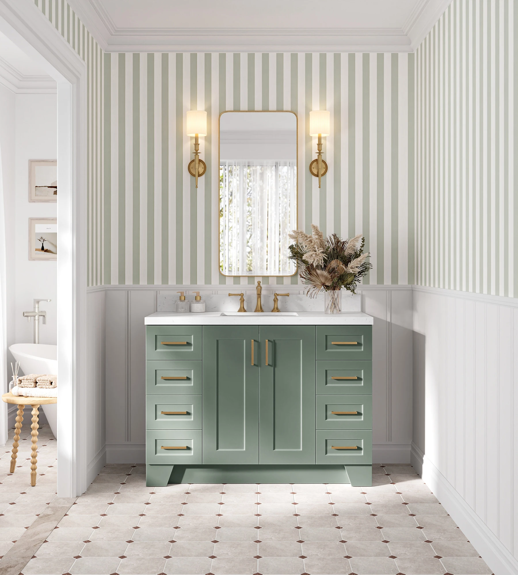 Ariel Taylor 48 Inch Single Rectangle Sink Bathroom Vanity with Carrara White Quartz Countertop 1.5 Inch in Vintage Sage Green
