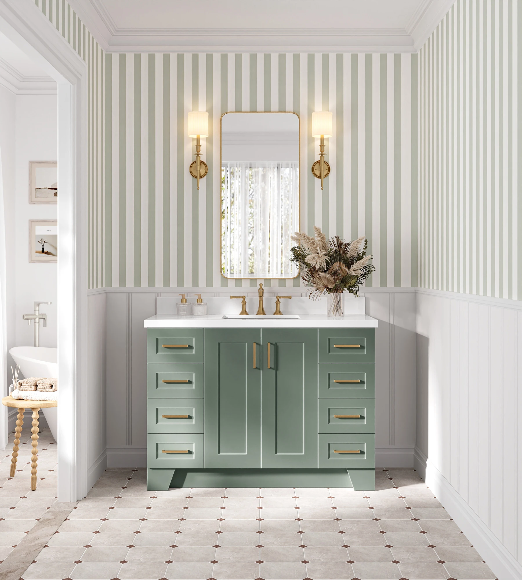 Ariel Taylor 49 Inch Single Rectangle Sink Bathroom Vanity with Pure White Quartz Countertop 1.5 Inch in Vintage Sage Green