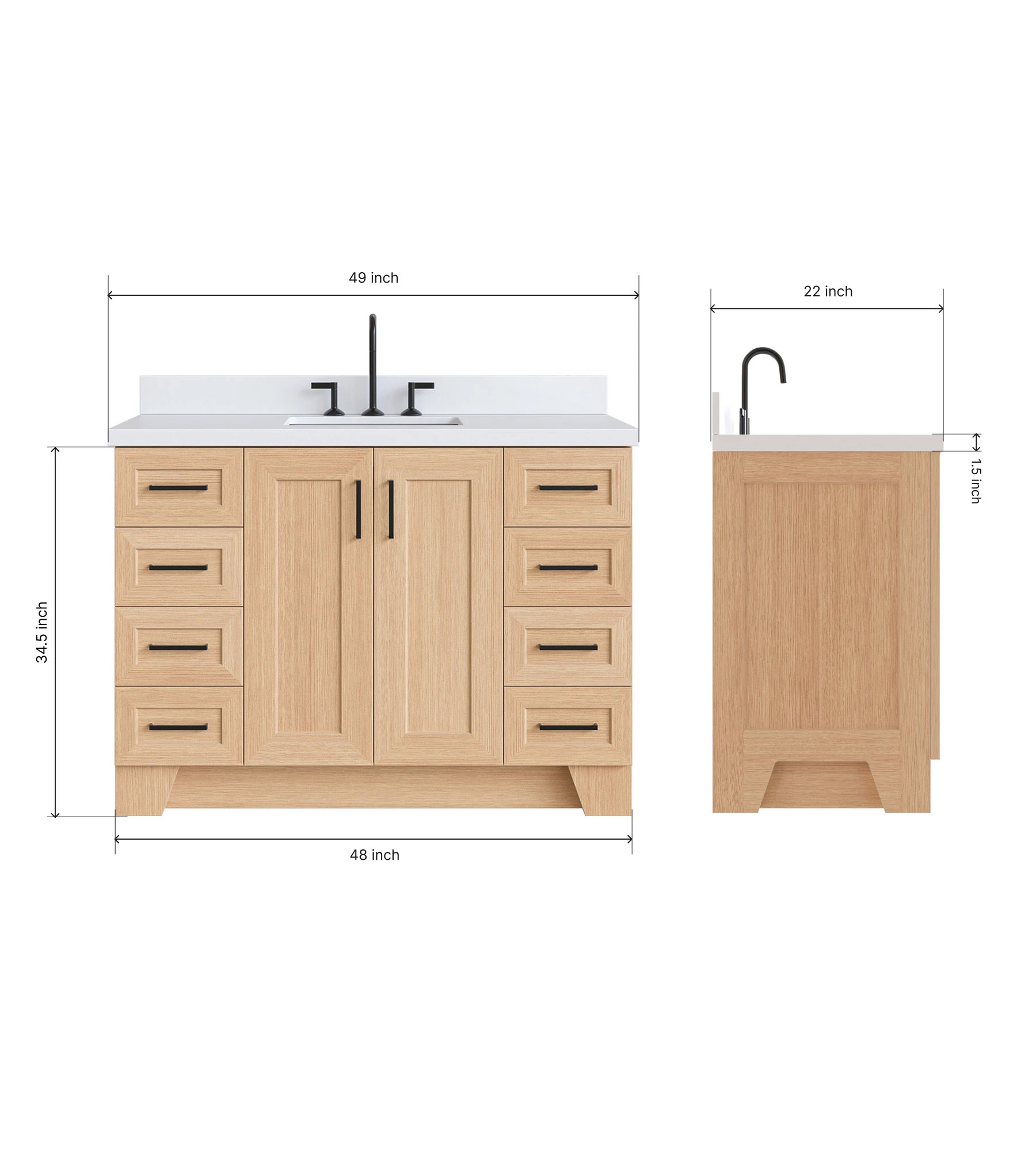 Ariel Taylor 49 Inch Single Rectangle Sink Bathroom Vanity with Pure White Quartz Countertop 1.5 Inch in Oak