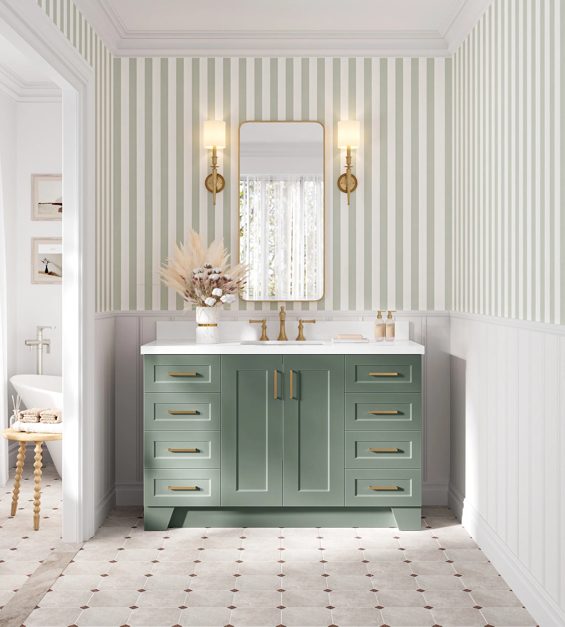 Ariel Taylor 55 Inch Single Rectangle Sink Bathroom Vanity with Pure White Quartz Countertop 1.5 Inch in Vintage Sage Green