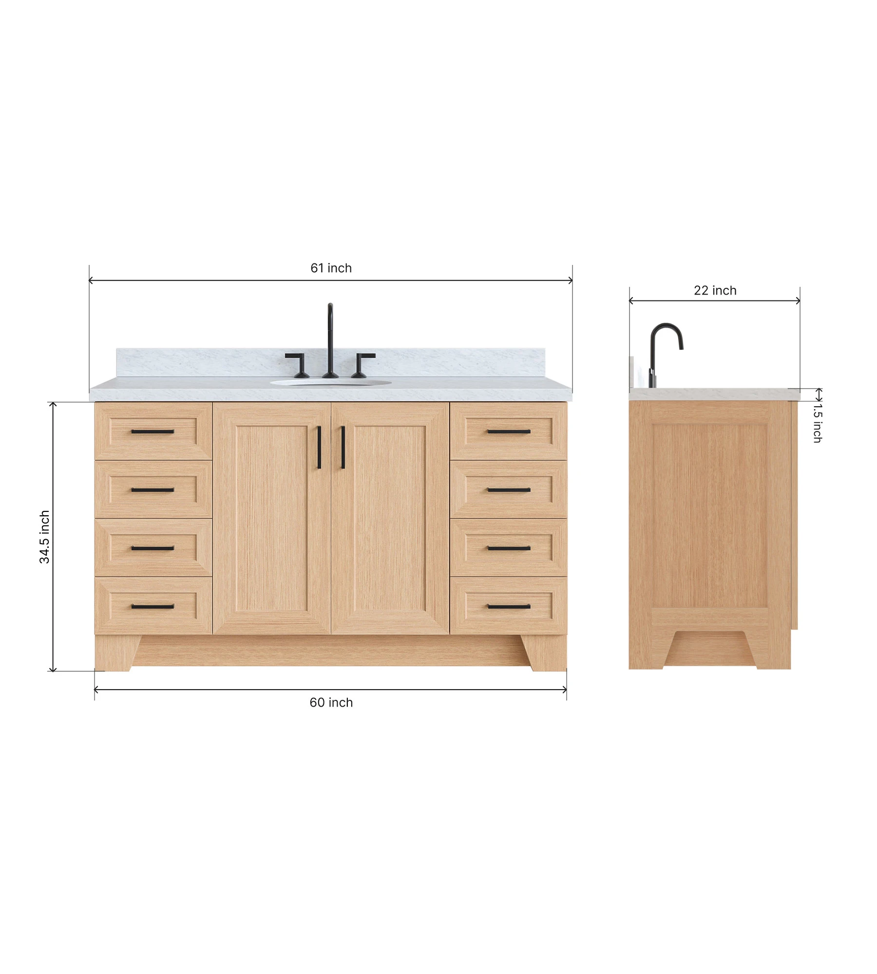 Ariel Taylor 61 Inch Single Oval Sink Bathroom Vanity with Carrara White Marble Countertop 1.5 Inch in Oak