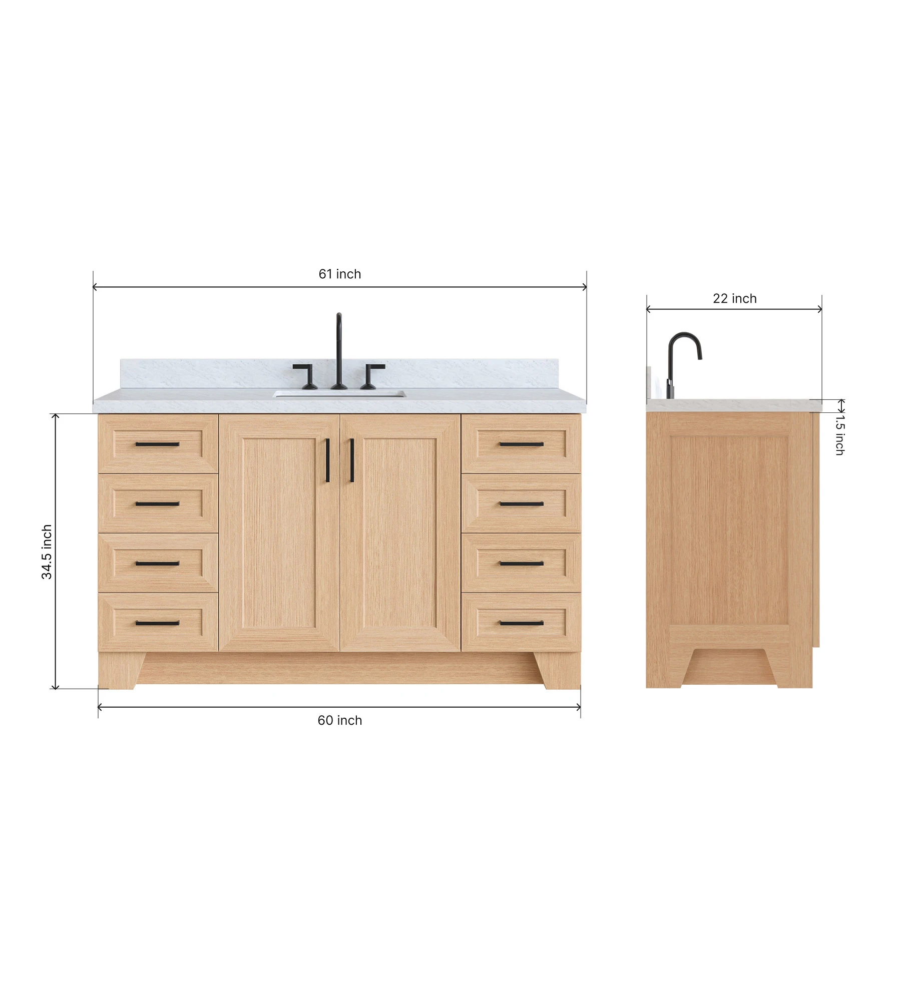 Ariel Taylor 61 Inch Single Rectangle Sink Bathroom Vanity with Carrara White Marble Countertop 1.5 Inch in Oak
