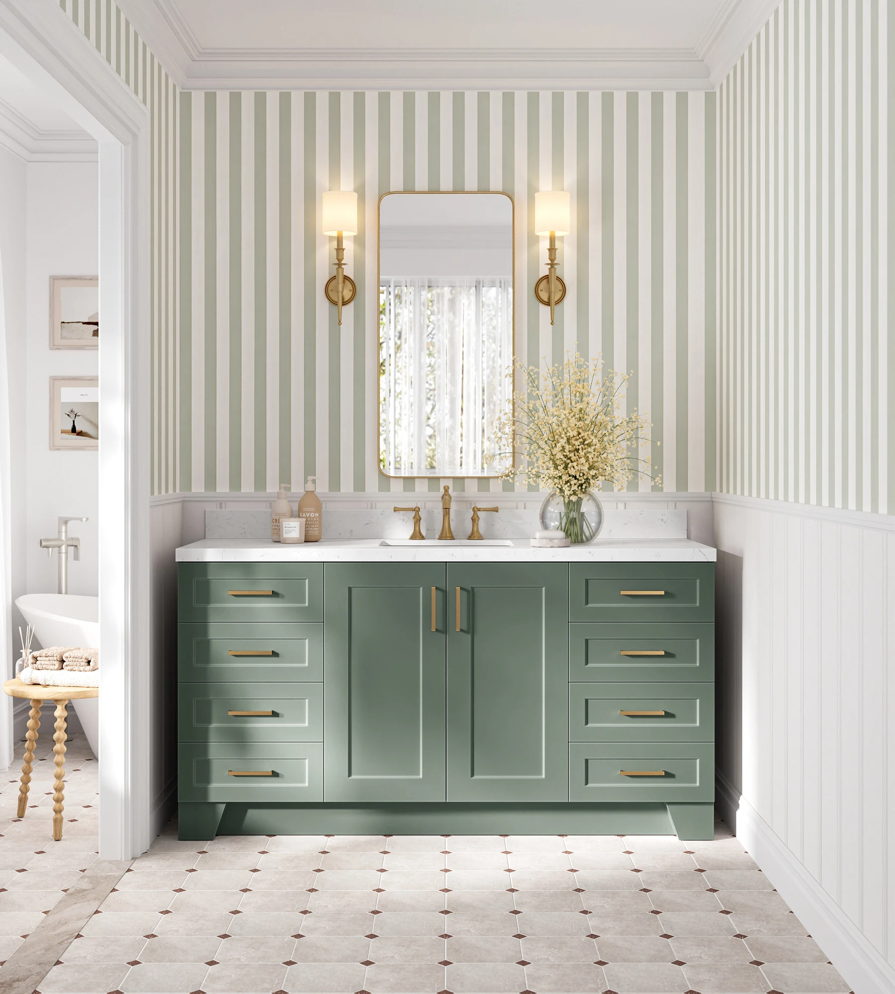 Ariel Taylor 66 Inch Single Sink Base Cabinet in Vintage Sage Green