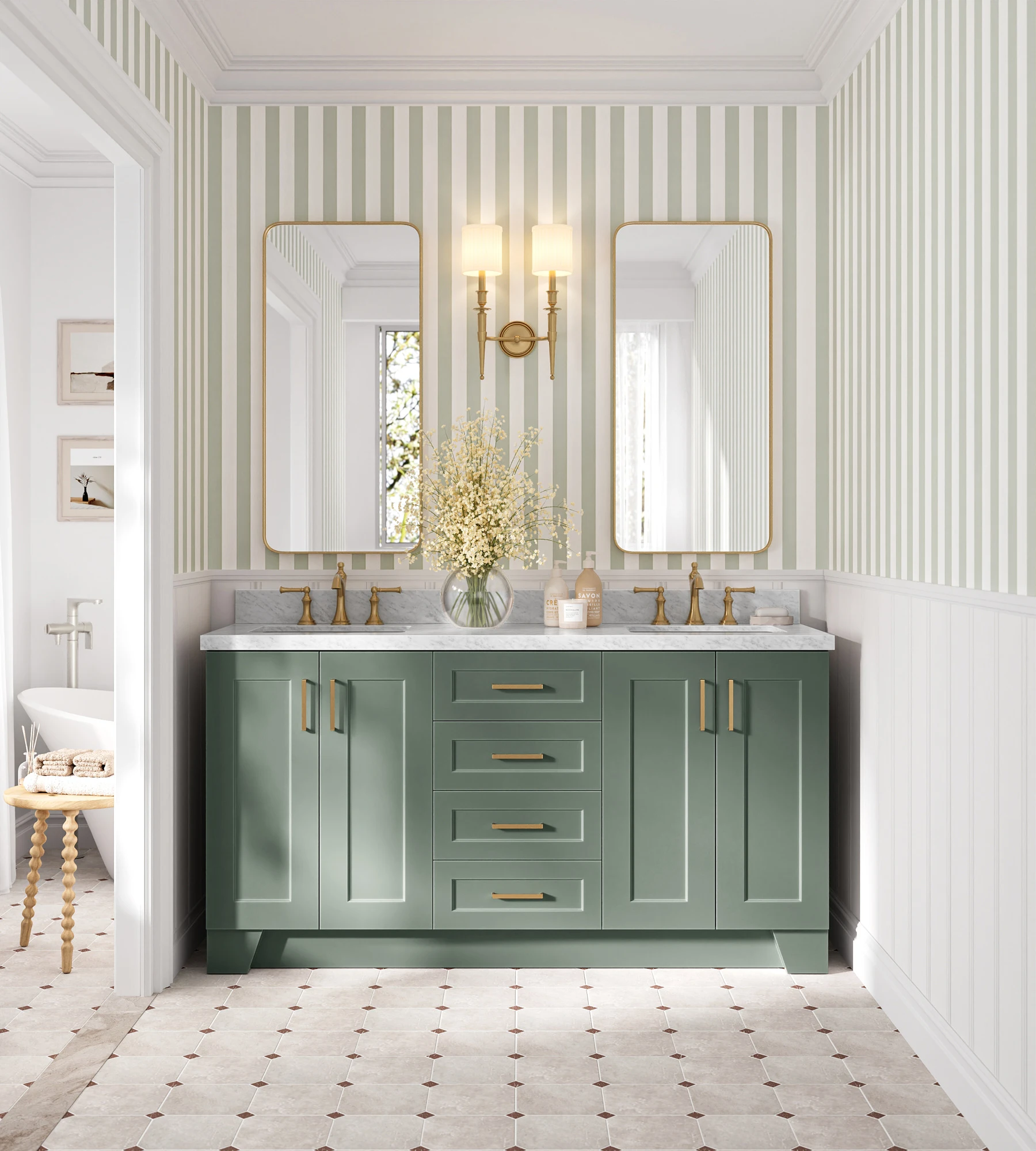 Ariel Taylor 67 Inch Double Rectangle Sink Bathroom Vanity with Carrara White Marble Countertop 1.5 Inch in Vintage Sage Green