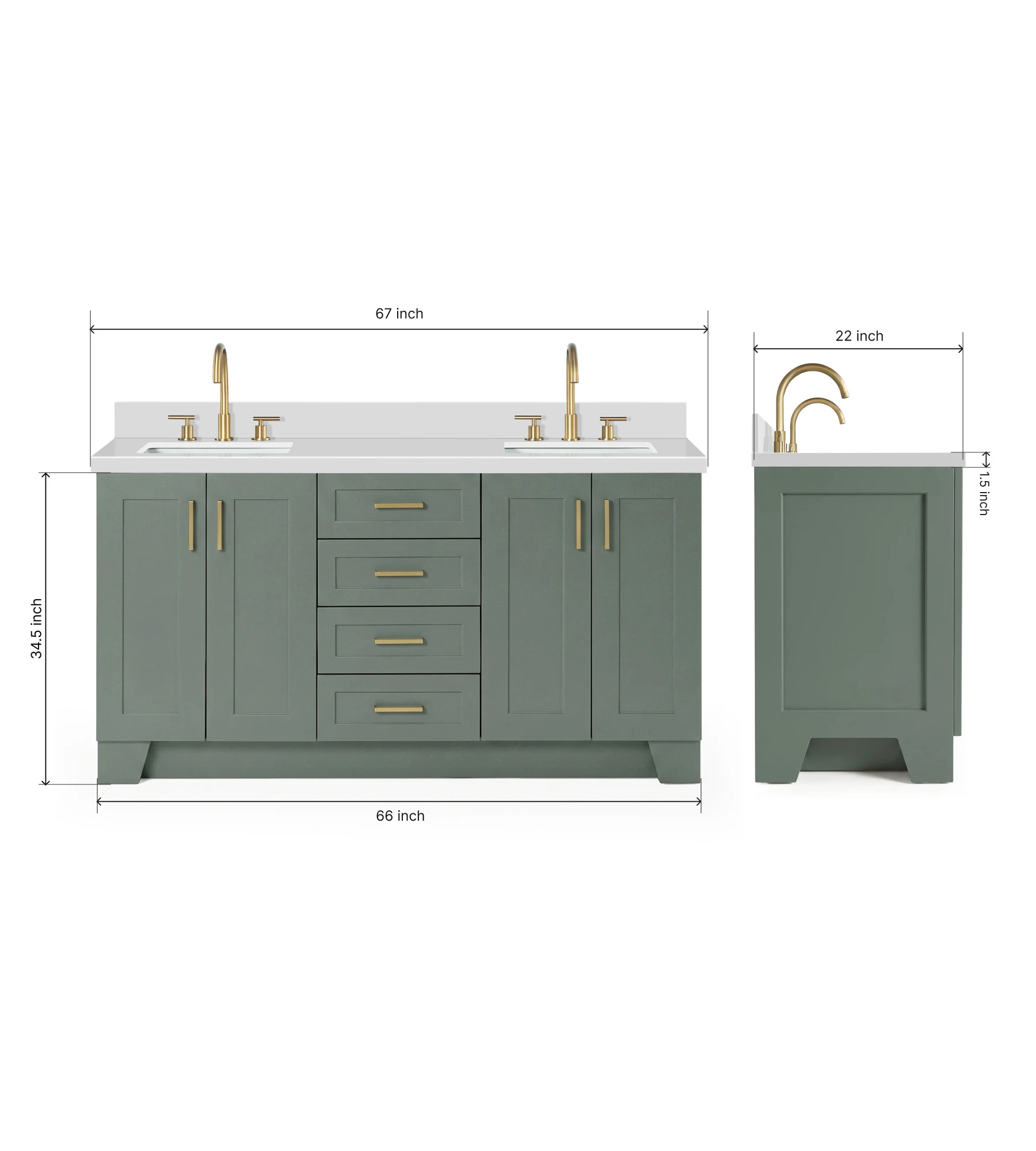 Ariel Taylor 67 Inch Double Rectangle Sink Bathroom Vanity with Pure White Quartz Countertop 1.5 Inch in Vintage Sage Green