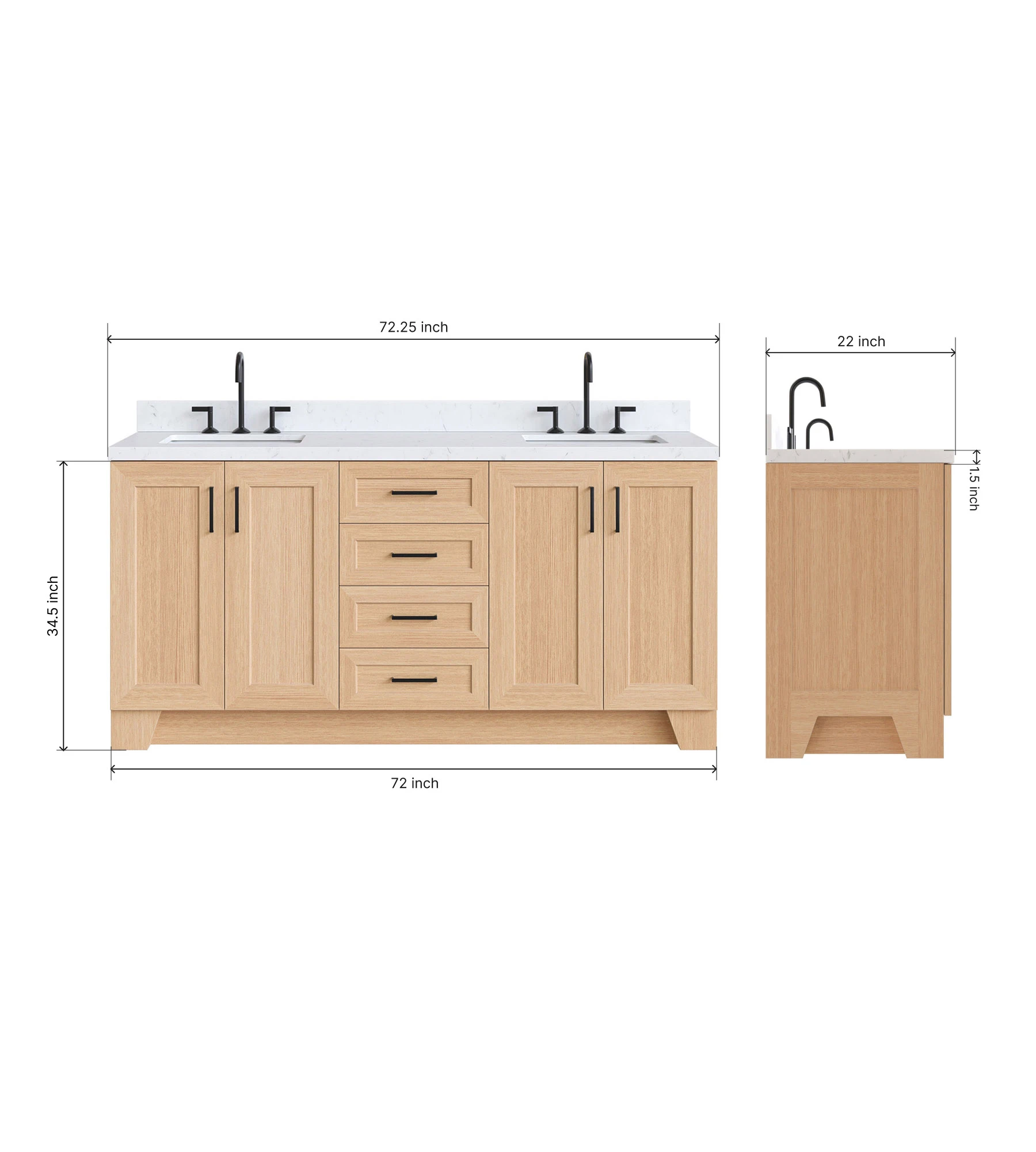 Ariel Taylor 72 Inch Double Rectangle Sink Bathroom Vanity with Carrara White Quartz Countertop 1.5 Inch in Oak