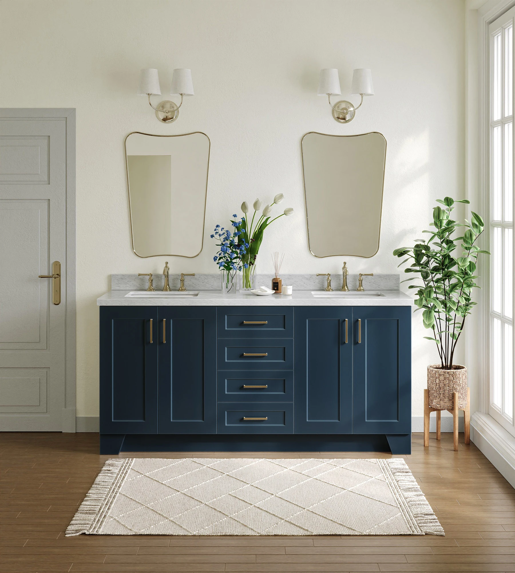 ARIEL Taylor 73 In. Double Rectangle Sink Vanity With Italian Carrara White Marble 1.5 In Countertop In Midnight Blue
