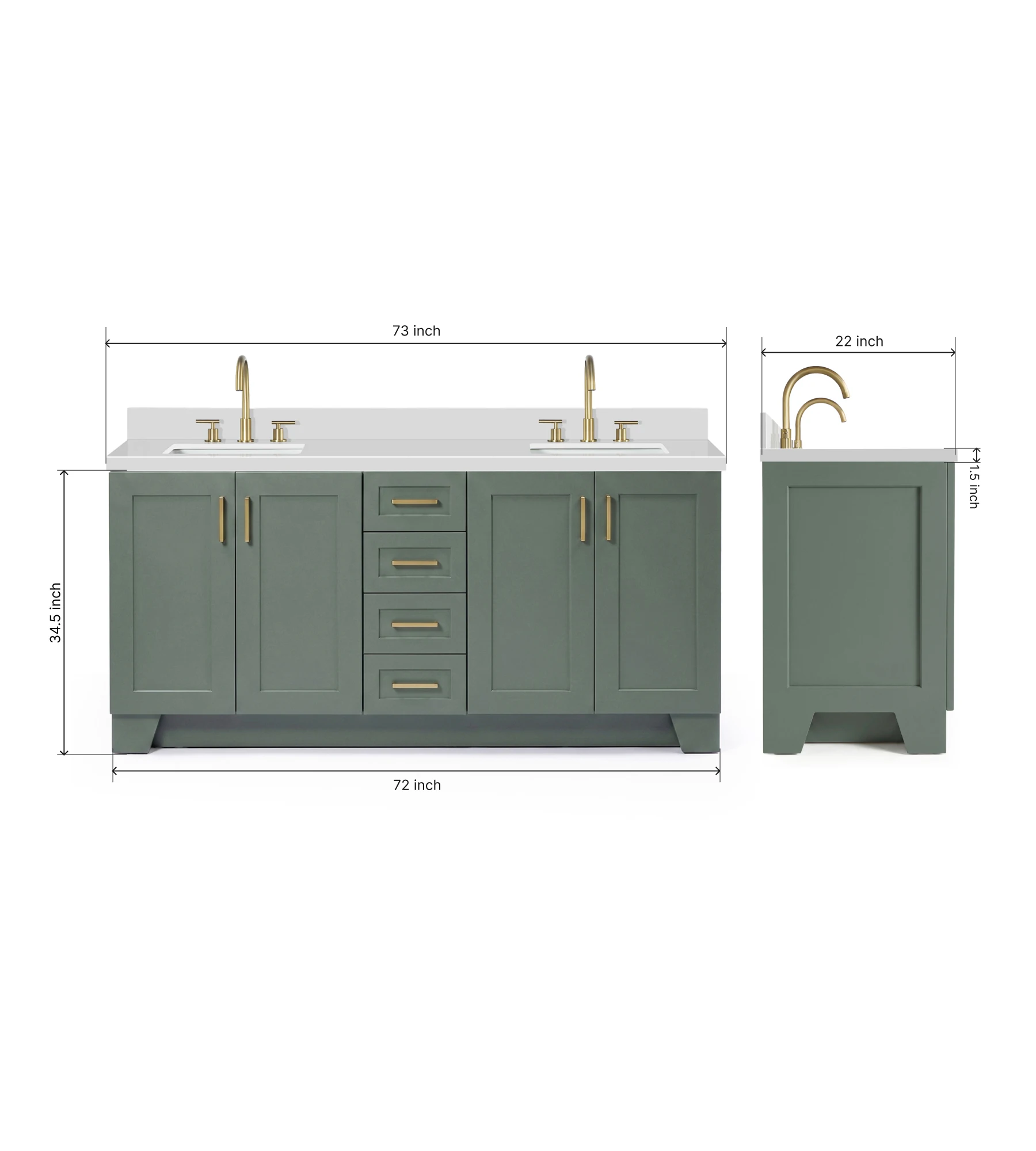 Ariel Taylor 73 Inch Double Rectangle Sink Bathroom Vanity with Pure White Quartz Countertop 1.5 Inch in Vintage Sage Green