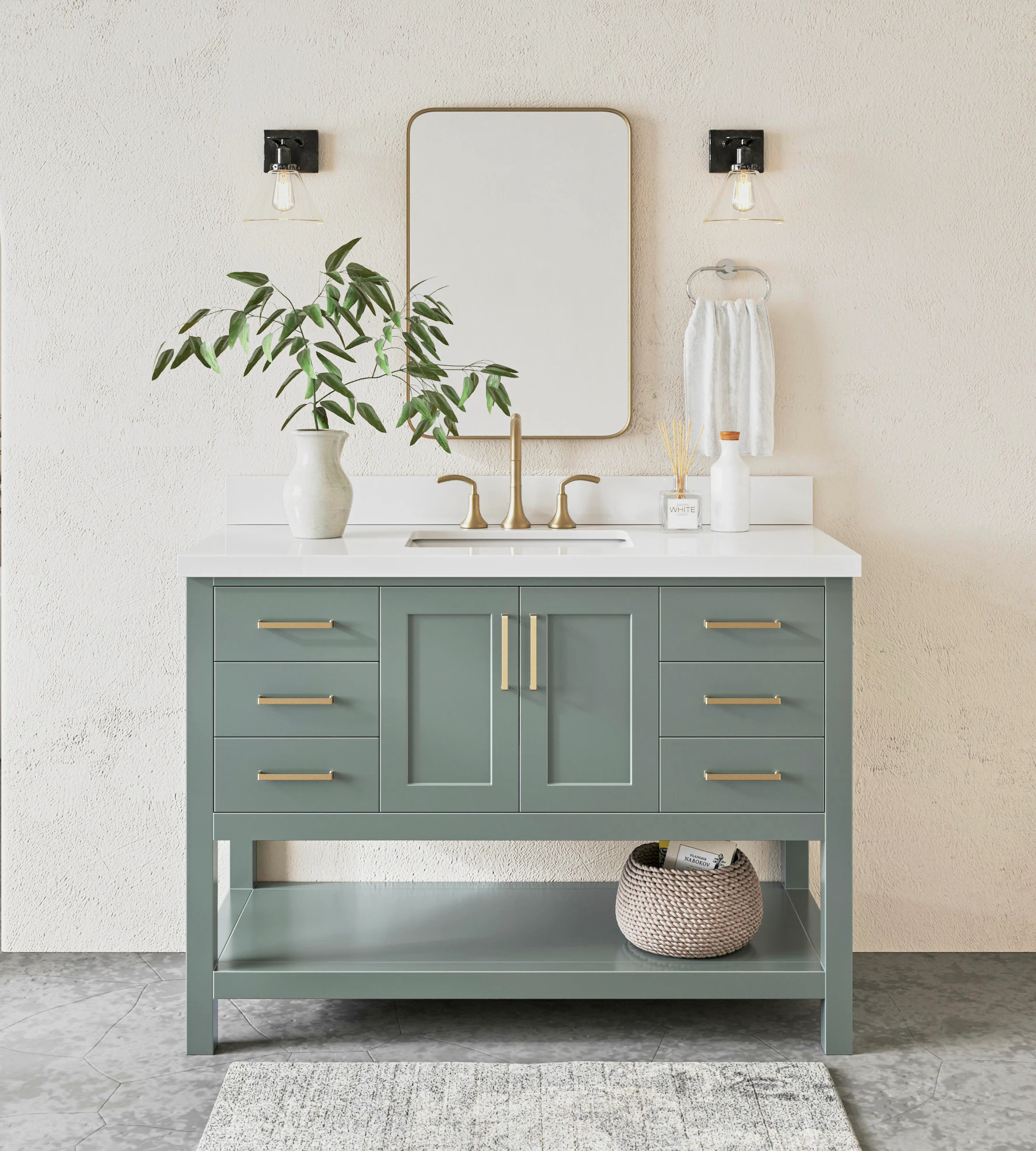 ARIEL Magnolia 49 Inch Rectangle Sink Vanity With White Quartz Countertop In Vintage Sage Green