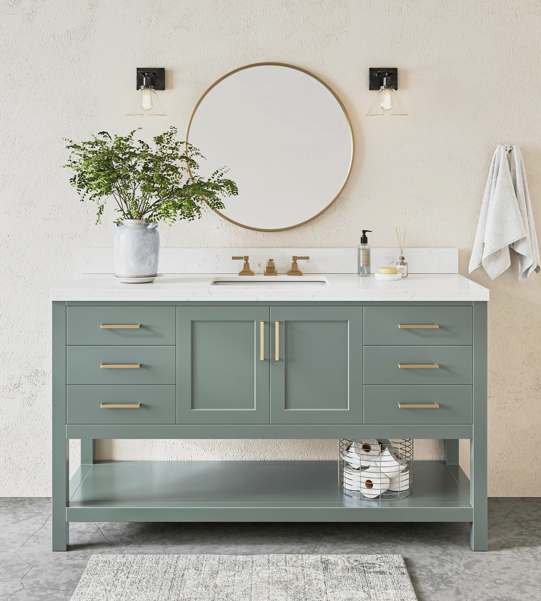 ARIEL Magnolia 60 Inch Rectangle Sink Bathroom Vanity With Carrara White Quartz Countertop 1.5 Edge In Vintage Sage Green