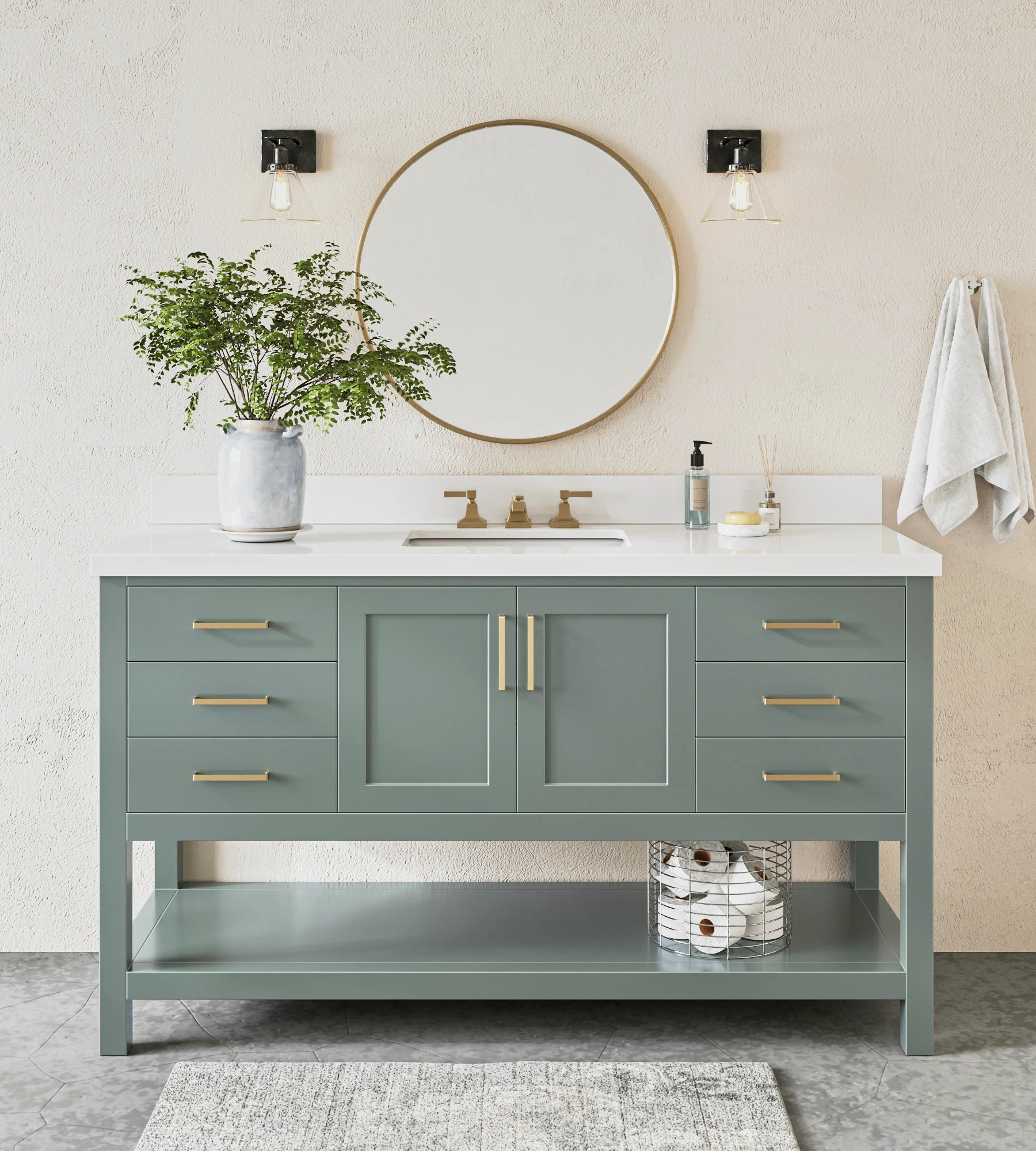 ARIEL Magnolia 61 Inch Rectangle Sink Vanity With White Quartz Countertop In Vintage Sage Green