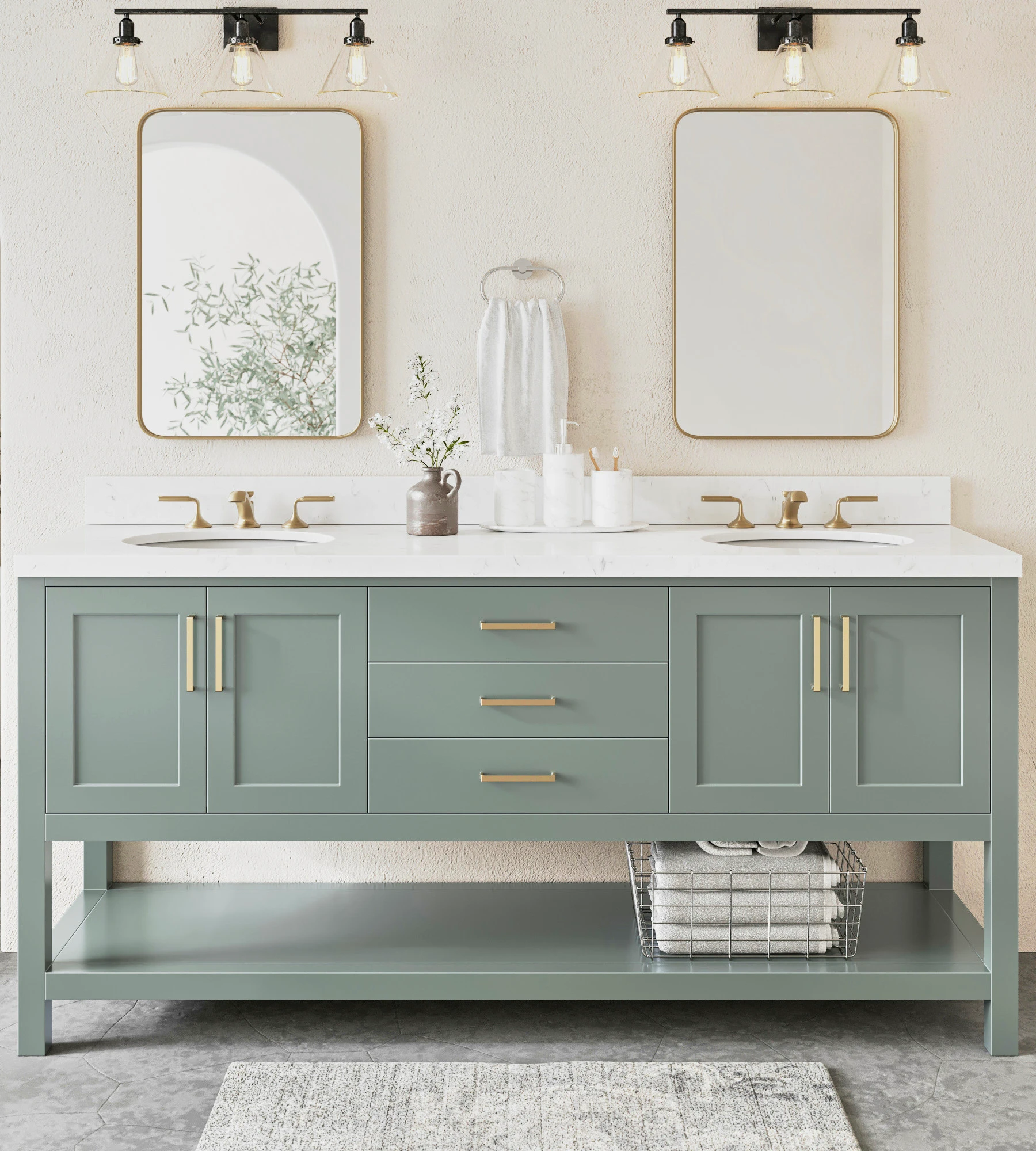 ARIEL Magnolia 72 Inch Oval Sink Bathroom Vanity With Carrara White Quartz Countertop 1.5 Edge In Vintage Sage Green