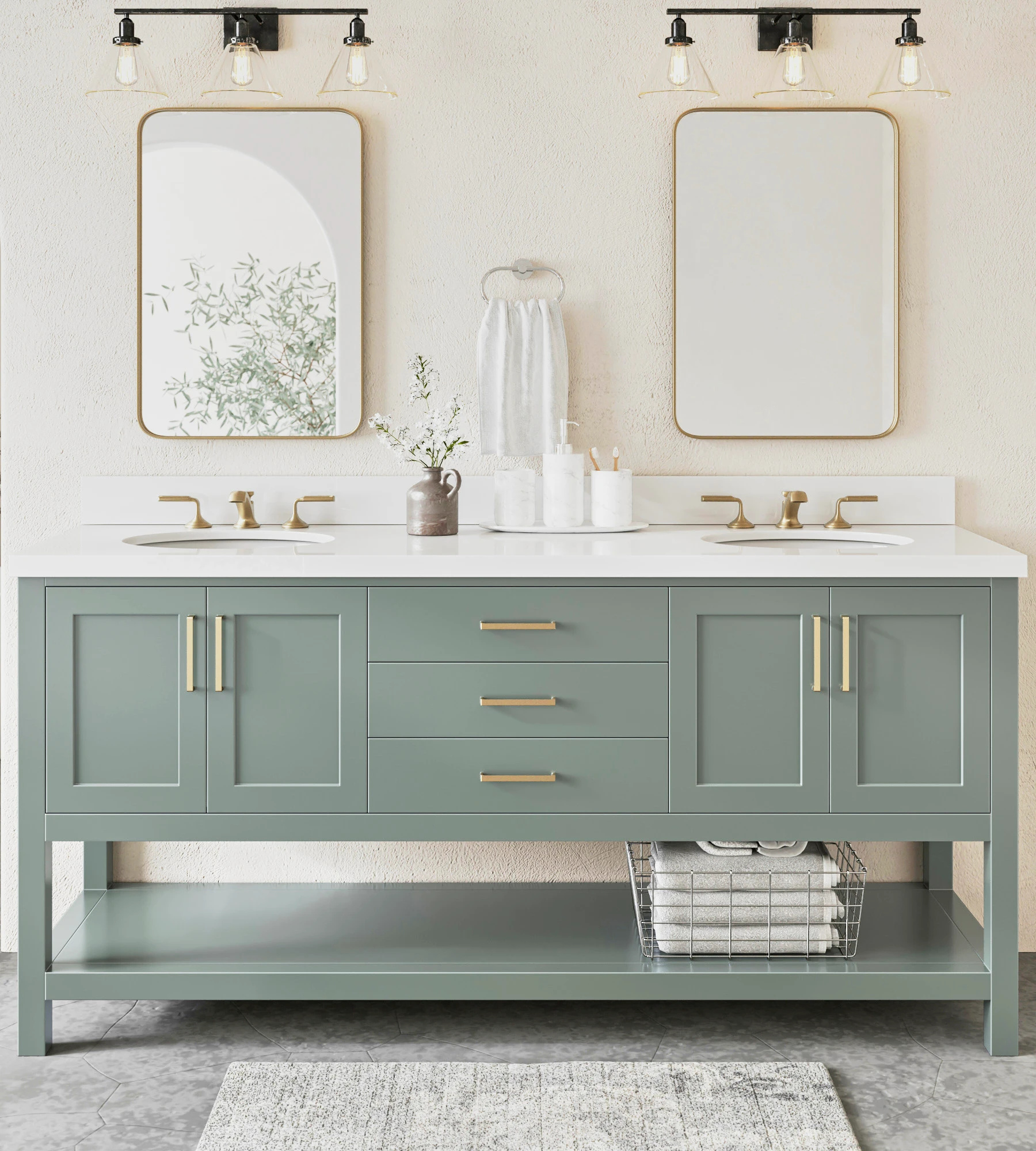 ARIEL Magnolia 73 Inch Oval Sink Vanity With White Quartz Countertop In Vintage Sage Green