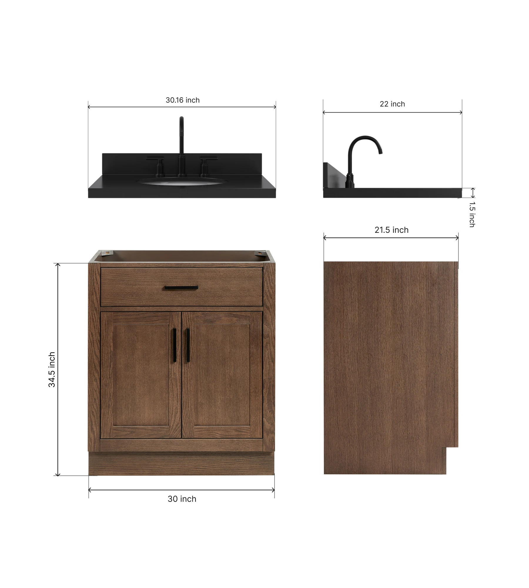 ARIEL Hepburn 30 Inch Single Oval Sink Bathroom Vanity With Carbon Black Quartz Countertop 1.5 Inch In Brown Oak