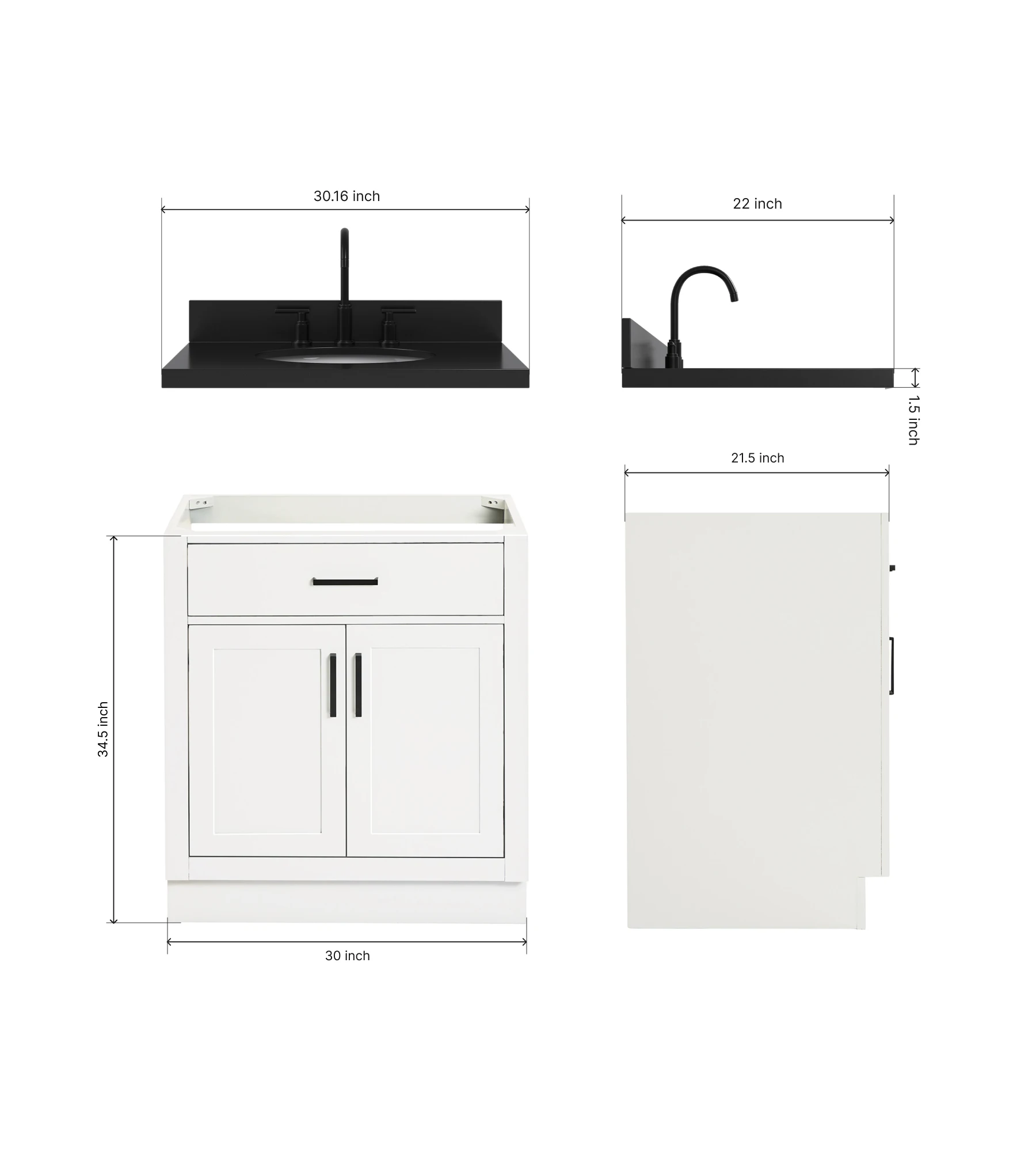 ARIEL Hepburn 30 Inch Single Oval Sink Bathroom Vanity With Carbon Black Quartz Countertop 1.5 Inch In White