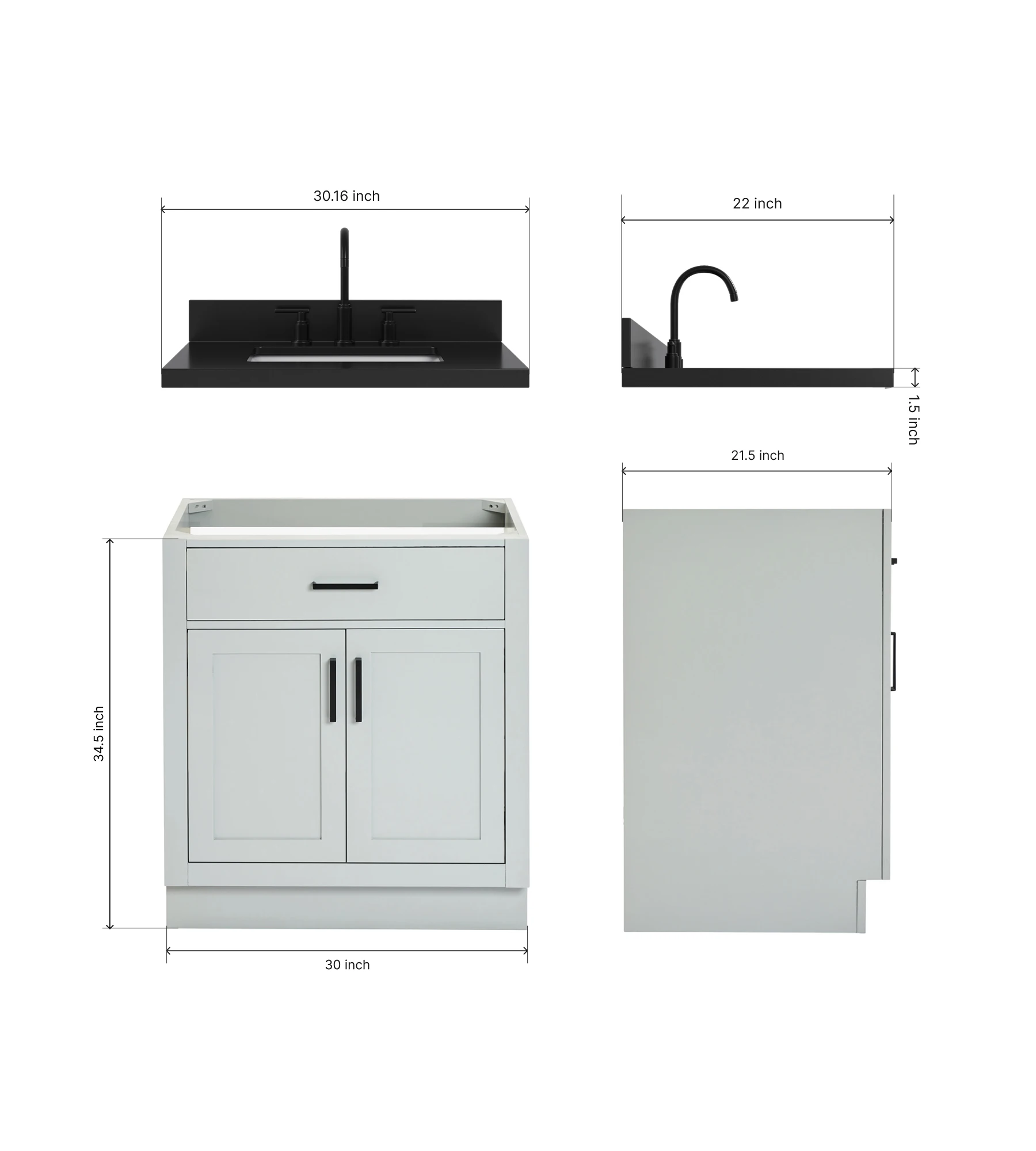 ARIEL Hepburn 30 Inch Single Rectangle Sink Bathroom Vanity With Carbon Black Quartz Countertop 1.5 Inch In Grey