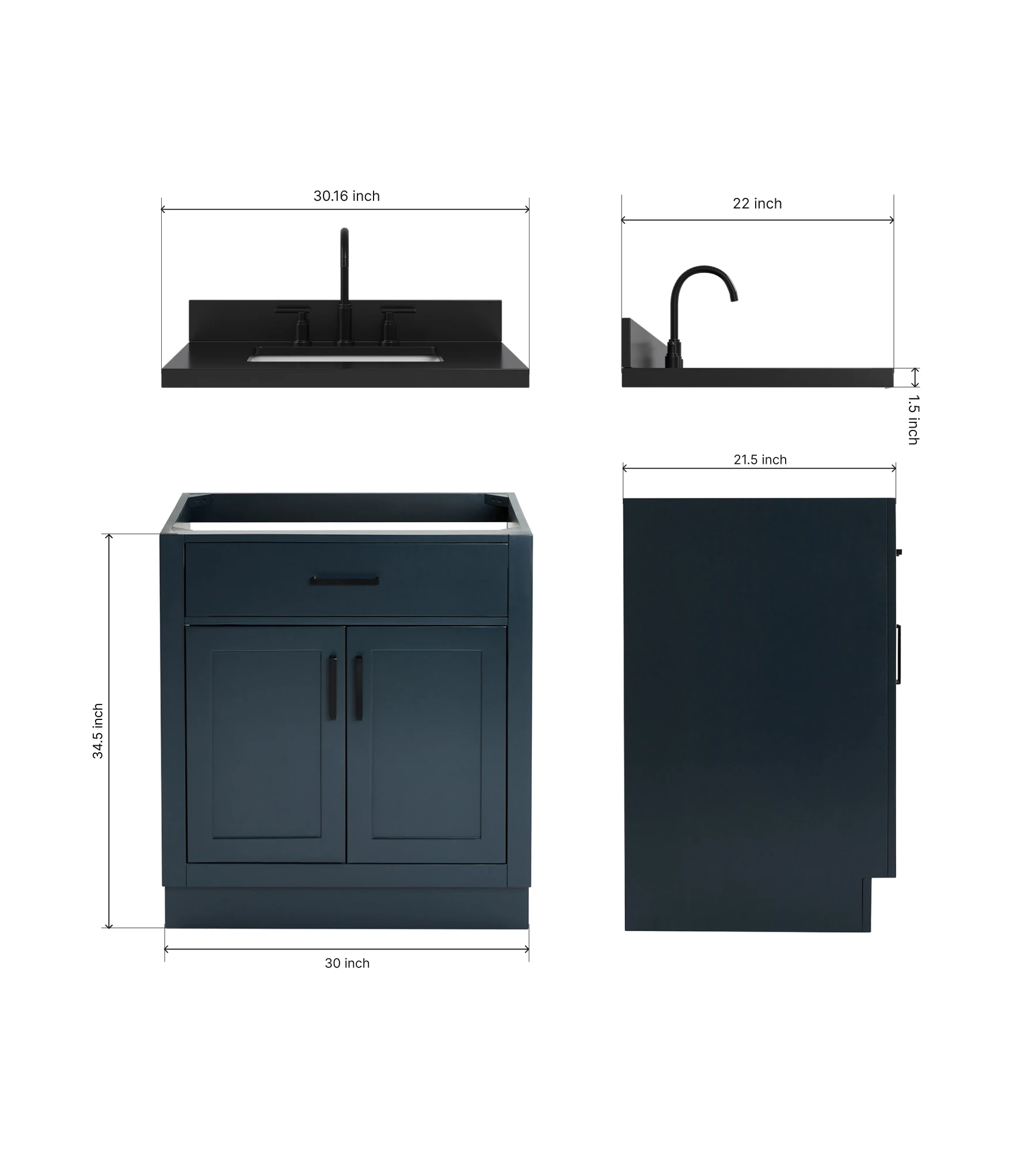 ARIEL Hepburn 30 Inch Single Rectangle Sink Bathroom Vanity With Carbon Black Quartz Countertop 1.5 Inch In Midnight Blue