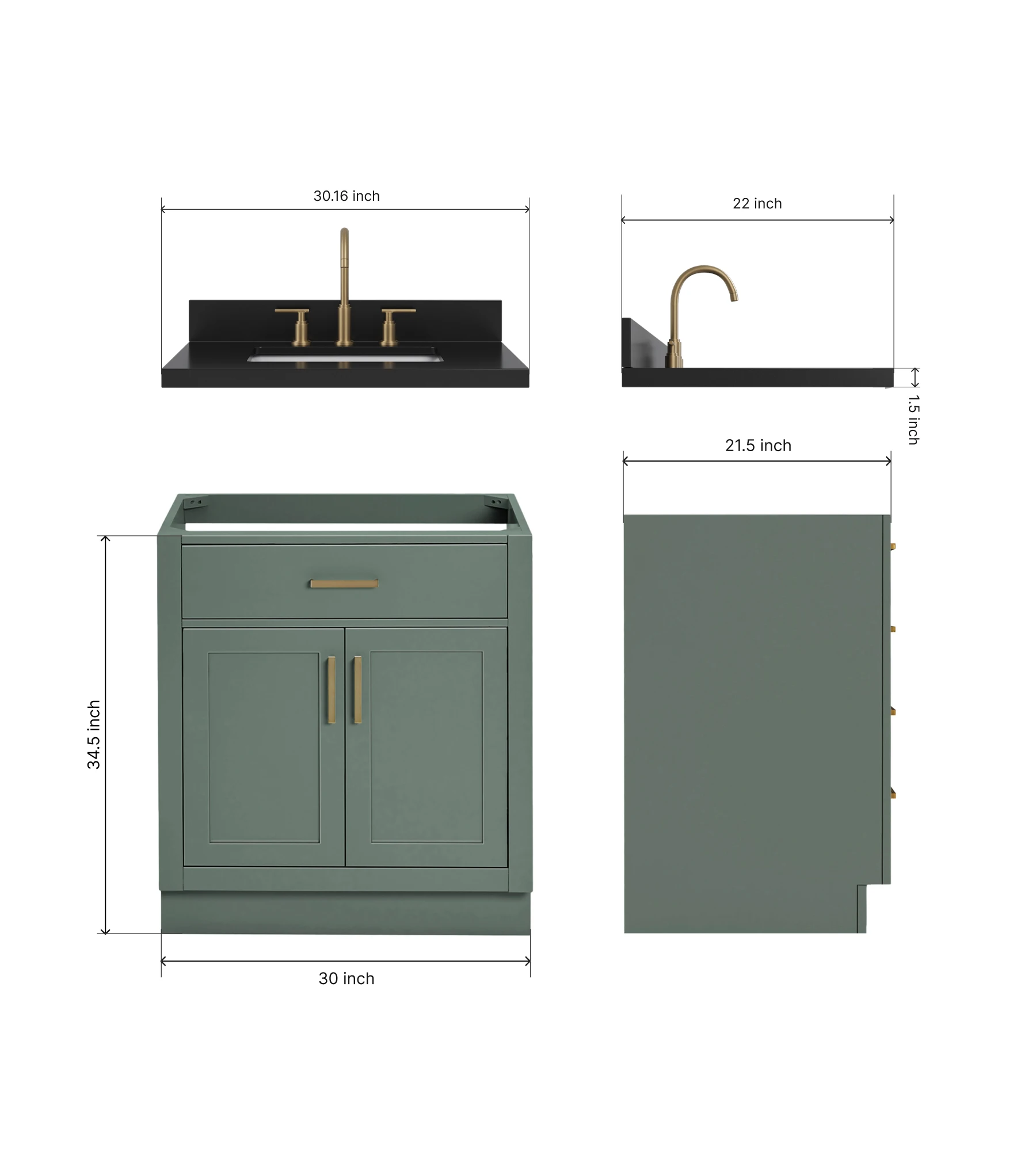 ARIEL Hepburn 30 Inch Single Rectangle Sink Bathroom Vanity With Carbon Black Quartz Countertop 1.5 Inch In Vintage Sage Green
