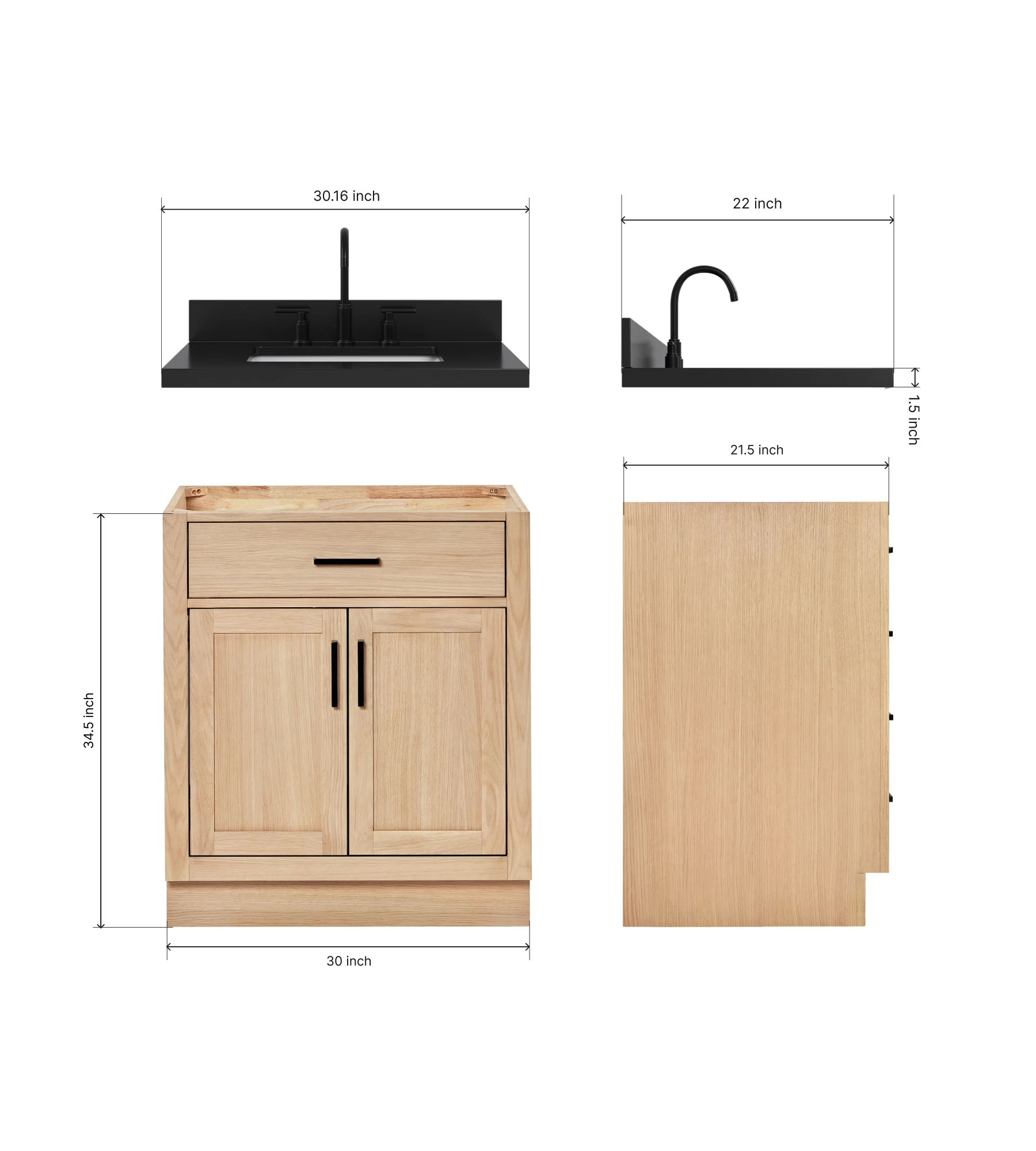 ARIEL Hepburn 30 Inch Single Rectangle Sink Bathroom Vanity With Carbon Black Quartz Countertop 1.5 Inch In Oak
