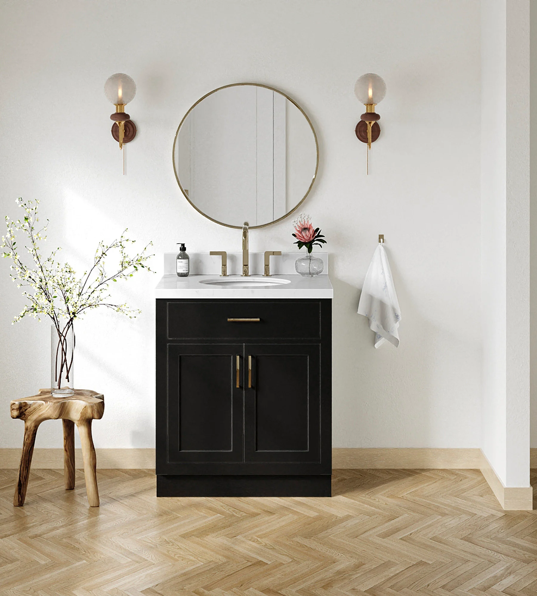 ARIEL Hepburn 30 Inch Oval Sink Bathroom Vanity With Carrara White Quartz Countertop 1.5 Inch Edge In Black