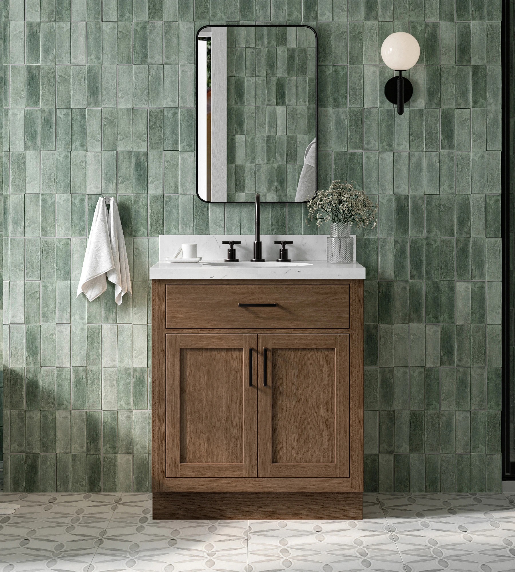 ARIEL Hepburn 30 Inch Single Oval Sink Bathroom Vanity With Carrara White Quartz Countertop 1.5 Inch In Brown Oak