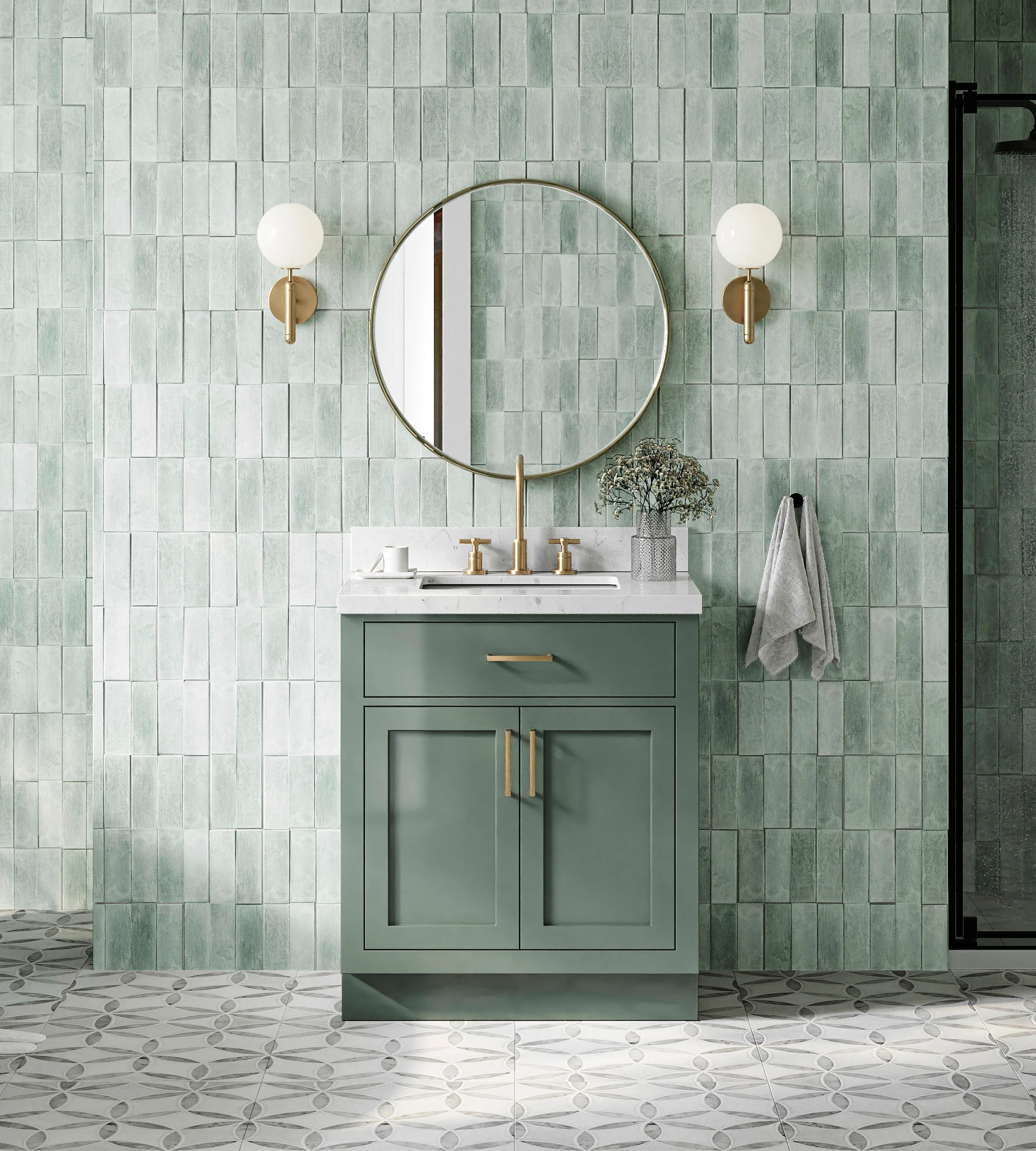 ARIEL Hepburn 30 Inch Single Rectangle Sink Bathroom Vanity With Carrara White Quartz Countertop 1.5 Inch In Vintage Sage Green