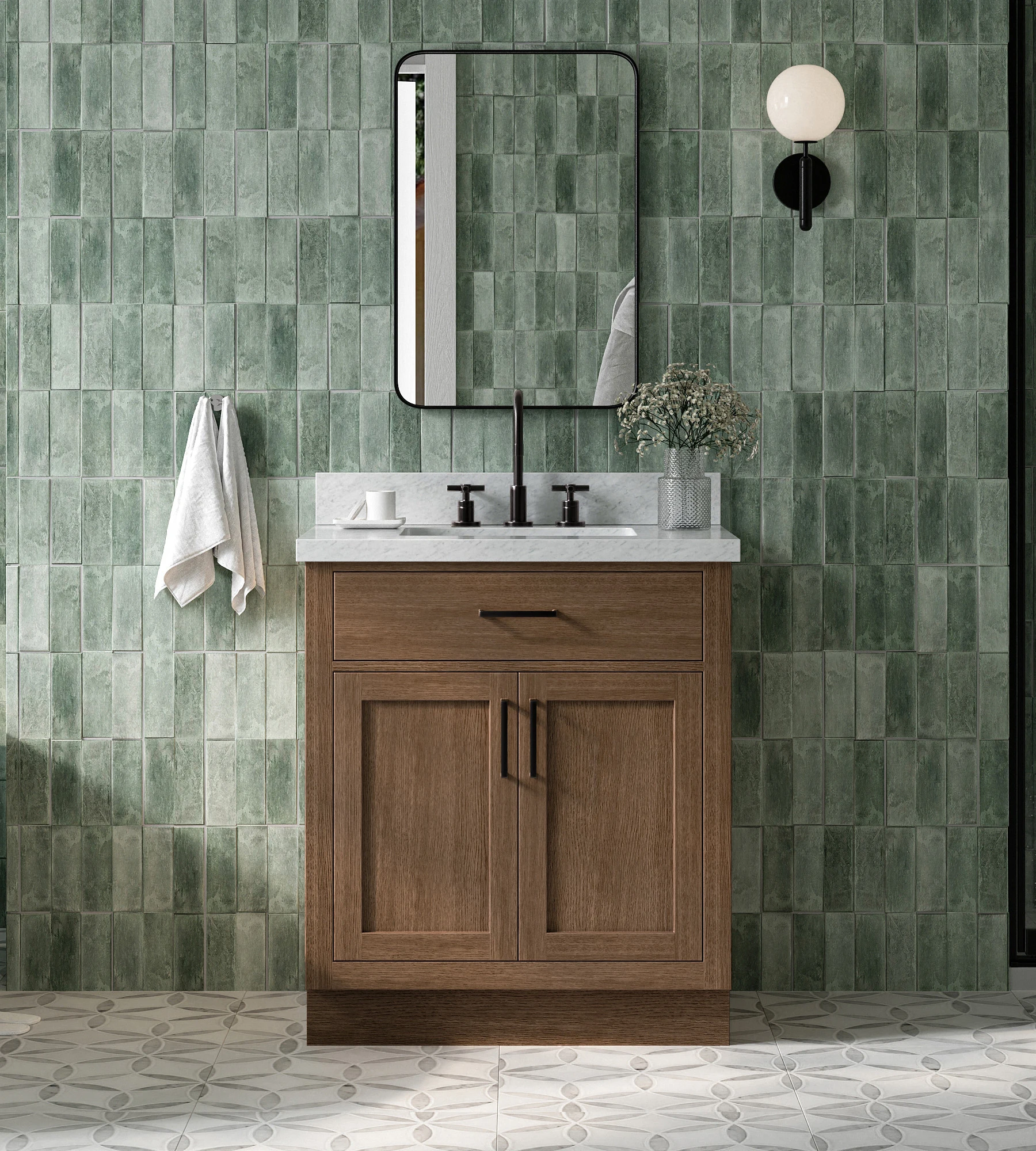 ARIEL Hepburn 31 Inch Single Rectangle Sink Bathroom Vanity With Carrara White Marble Countertop 1.5 Inch In Brown Oak