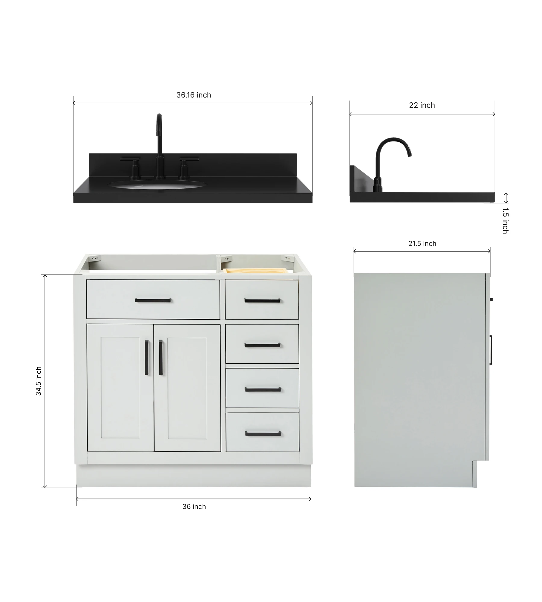 ARIEL Hepburn 36 Inch Left Offset Single Oval Sink Bathroom Vanity With Carbon Black Quartz Countertop 1.5 Inch In Grey