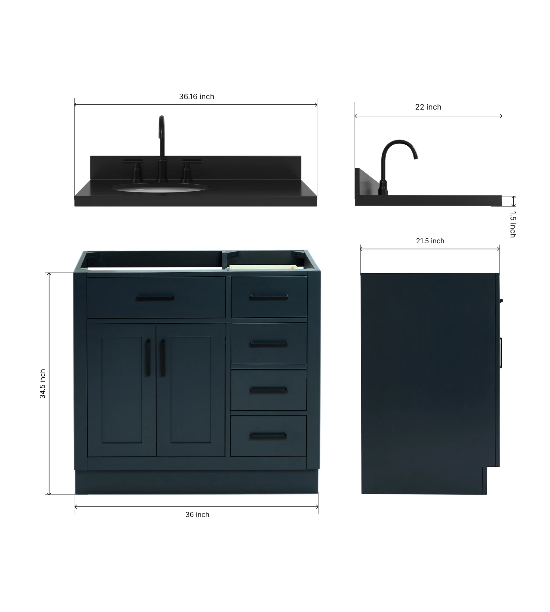 ARIEL Hepburn 36 Inch Left Offset Single Oval Sink Bathroom Vanity With Carbon Black Quartz Countertop 1.5 Inch In Midnight Blue