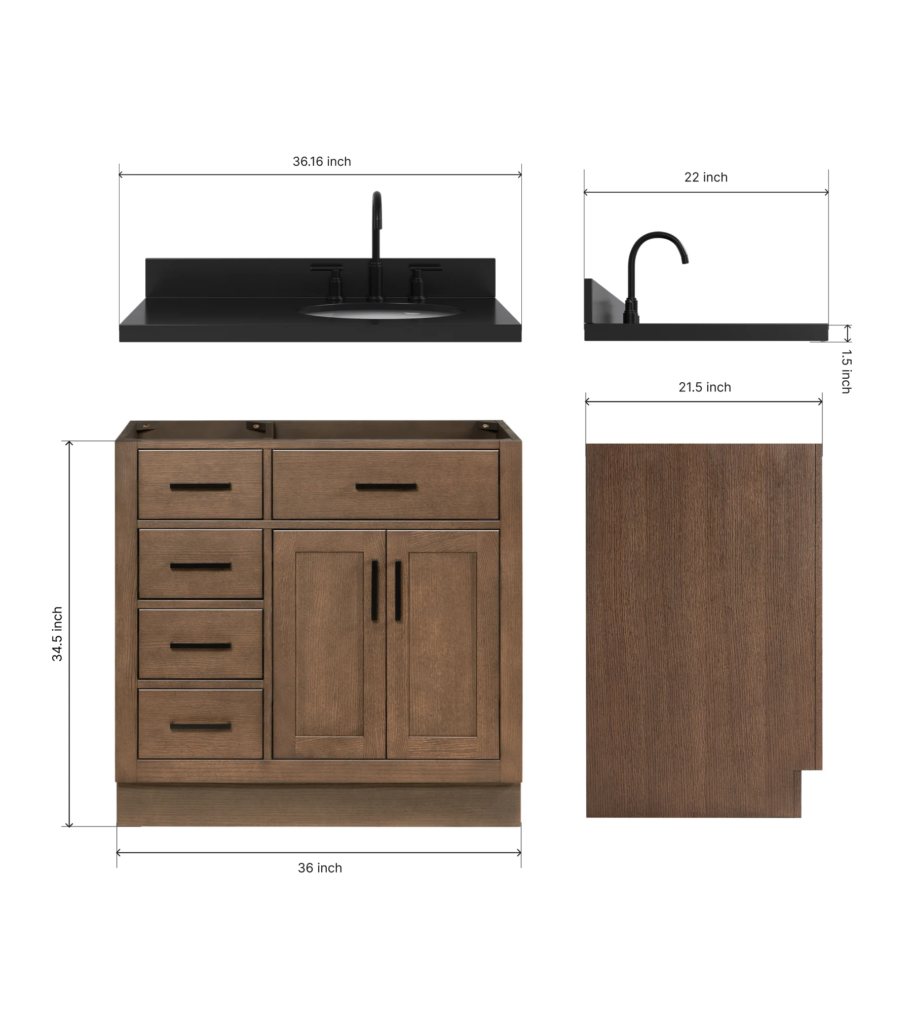 ARIEL Hepburn 36 Inch Right Offset Single Oval Sink Bathroom Vanity With Carbon Black Quartz Countertop 1.5 Inch In Brown Oak