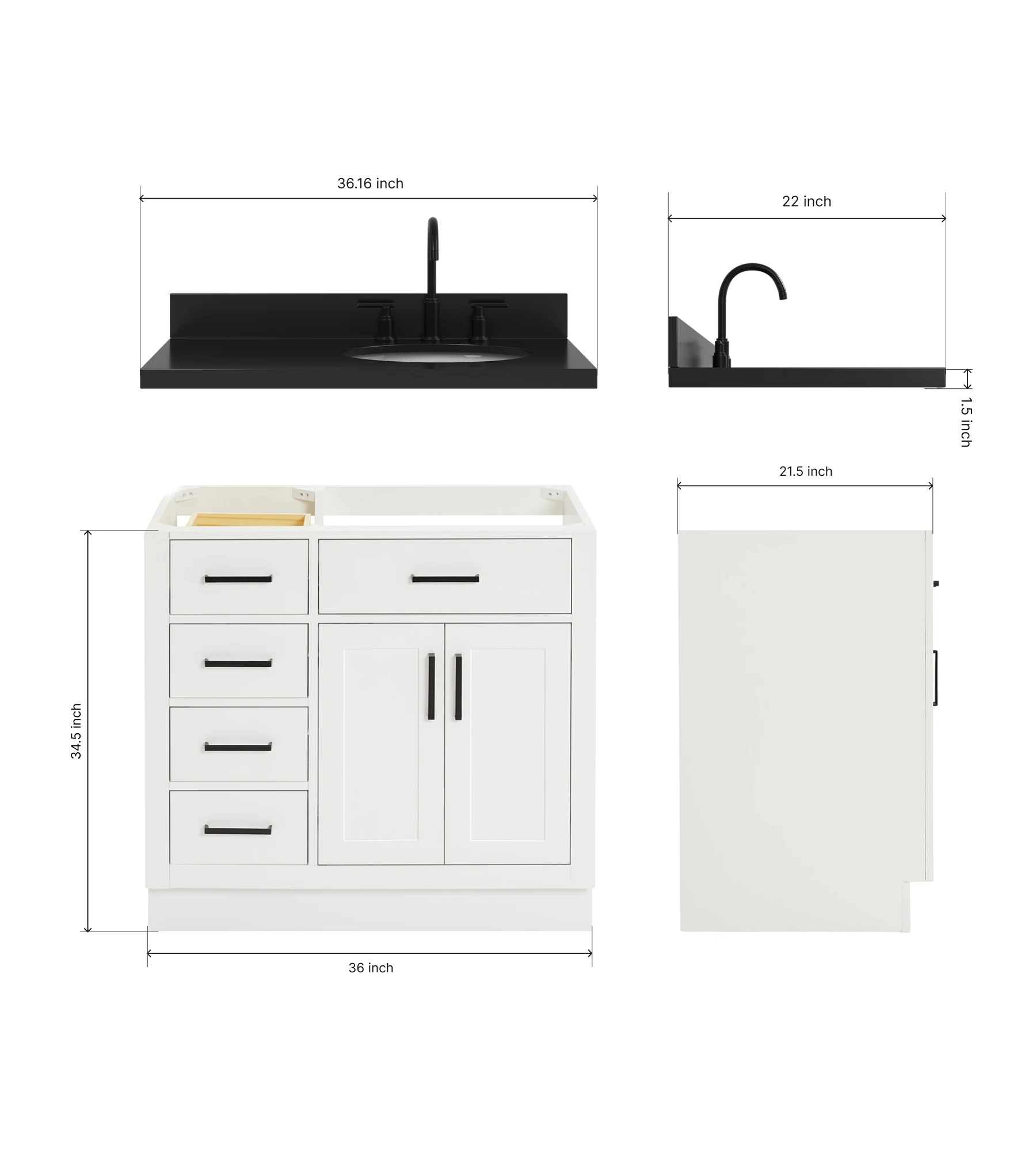 ARIEL Hepburn 36 Inch Right Offset Single Oval Sink Bathroom Vanity With Carbon Black Quartz Countertop 1.5 Inch In White
