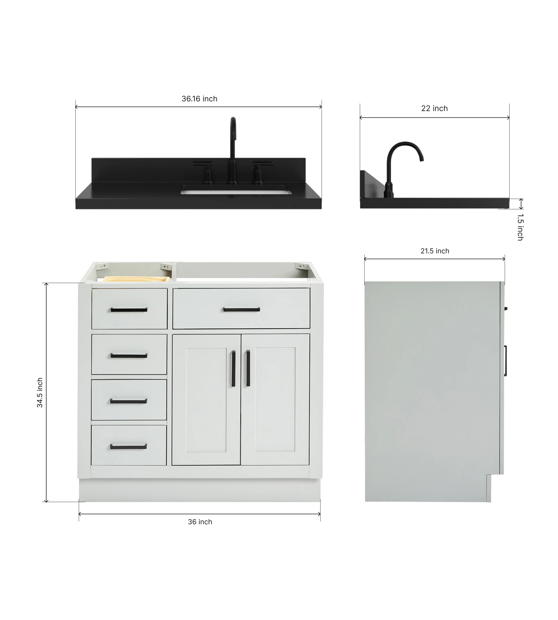 ARIEL Hepburn 36 Inch Right Offset Single Rectangle Sink Bathroom Vanity With Carbon Black Quartz Countertop 1.5 Inch In Grey