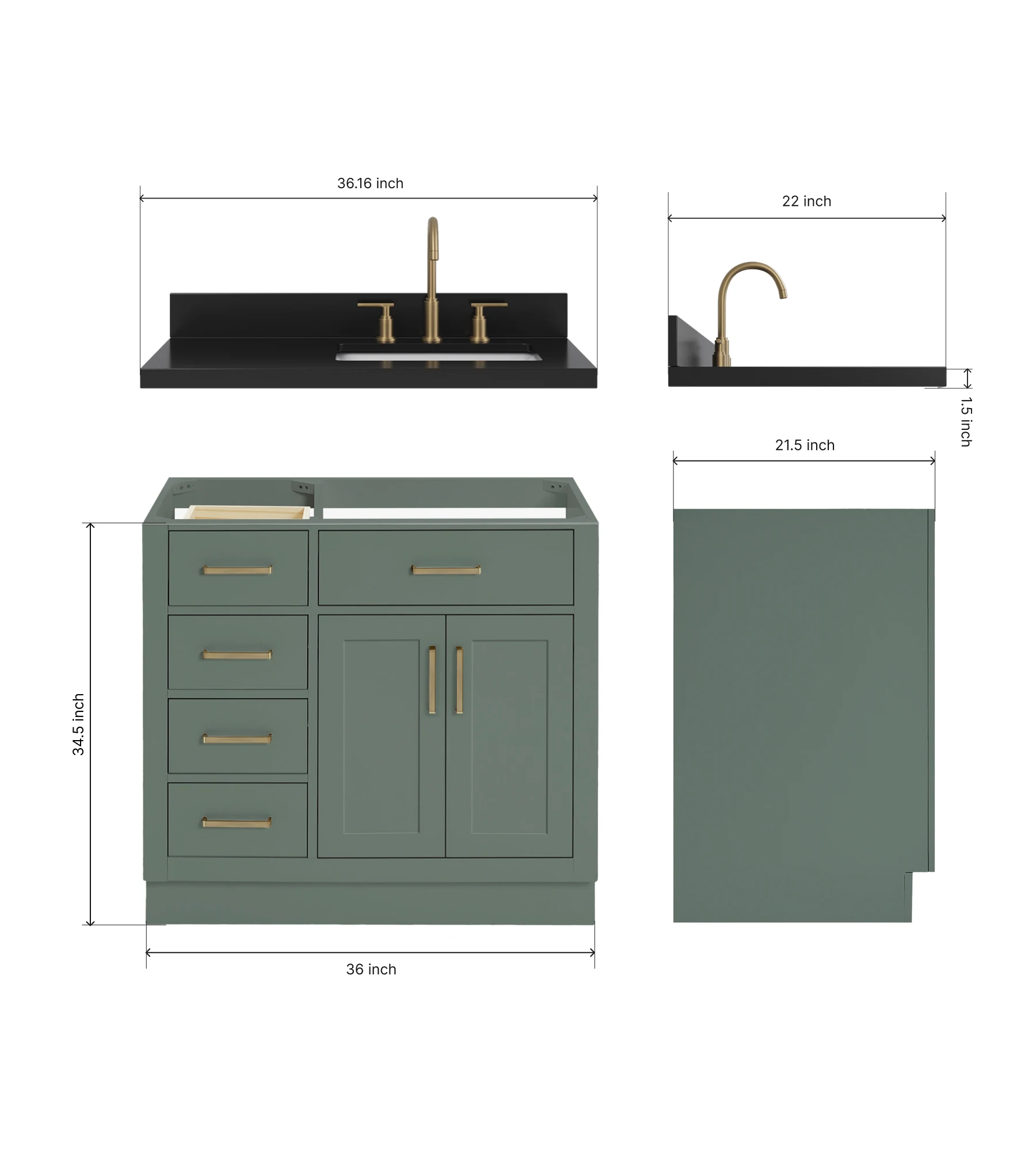 ARIEL Hepburn 36 Inch Right Offset Single Rectangle Sink Bathroom Vanity With Carbon Black Quartz Countertop 1.5 Inch In Vintage Sage Green