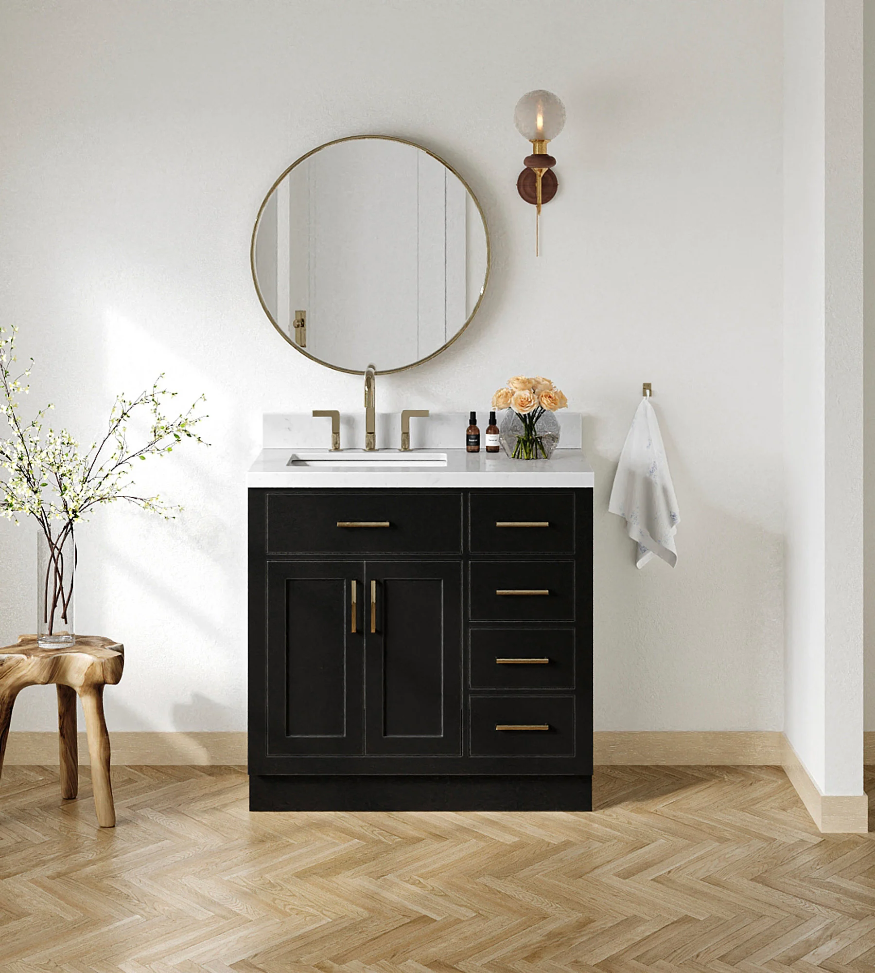 ARIEL Hepburn 36 Inch Left Offset Rectangle Sink Bathroom Vanity With Carrara White Quartz Countertop 1.5 Inch Edge In Black