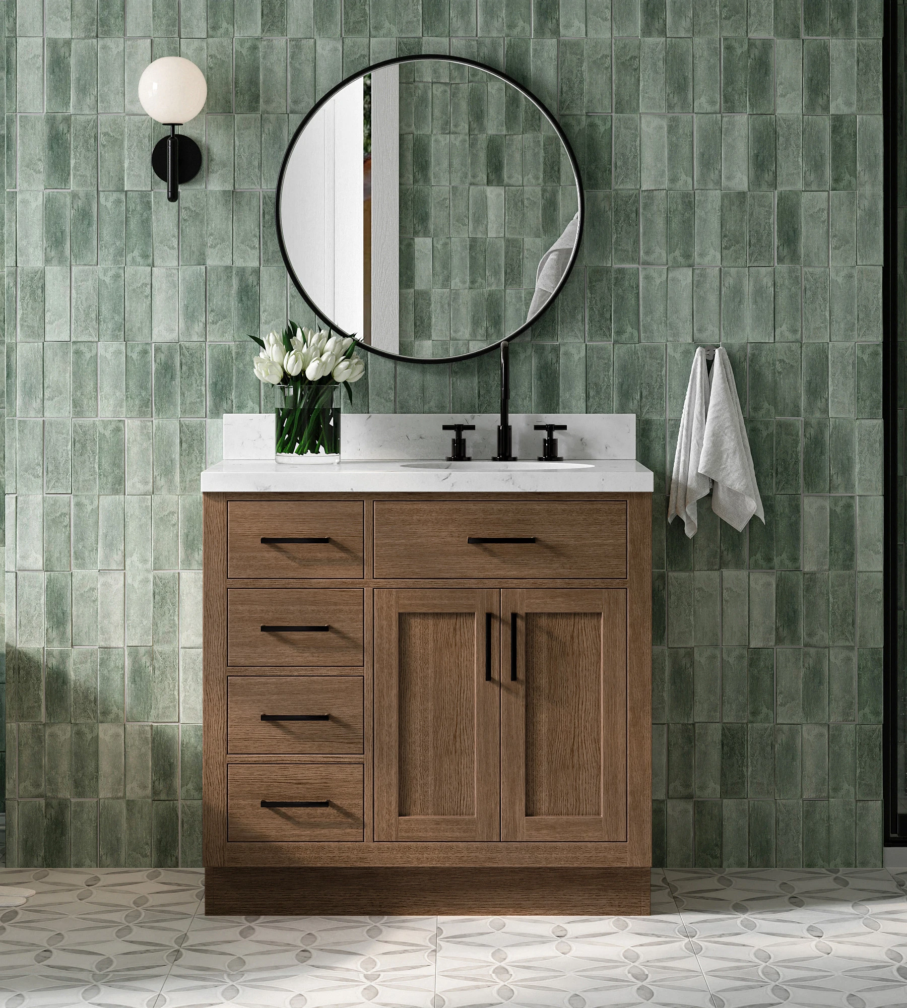 ARIEL Hepburn 36 Inch Right Offset Single Oval Sink Bathroom Vanity With Carrara White Quartz Countertop 1.5 Inch In Brown Oak