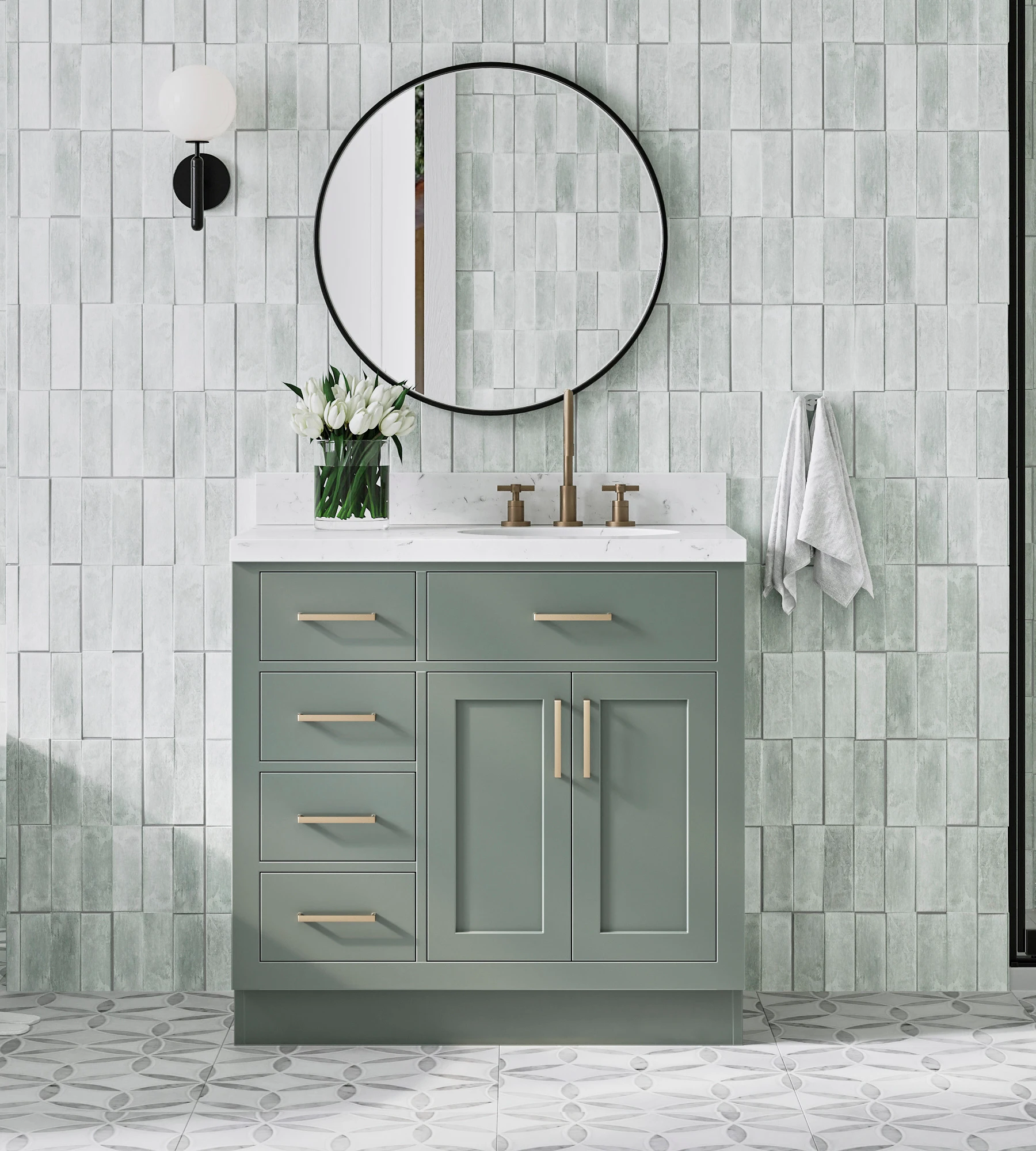 ARIEL Hepburn 36 Inch Right Offset Oval Sink Bathroom Vanity With Carrara White Quartz Countertop 1.5 Edge In Vintage Sage Green