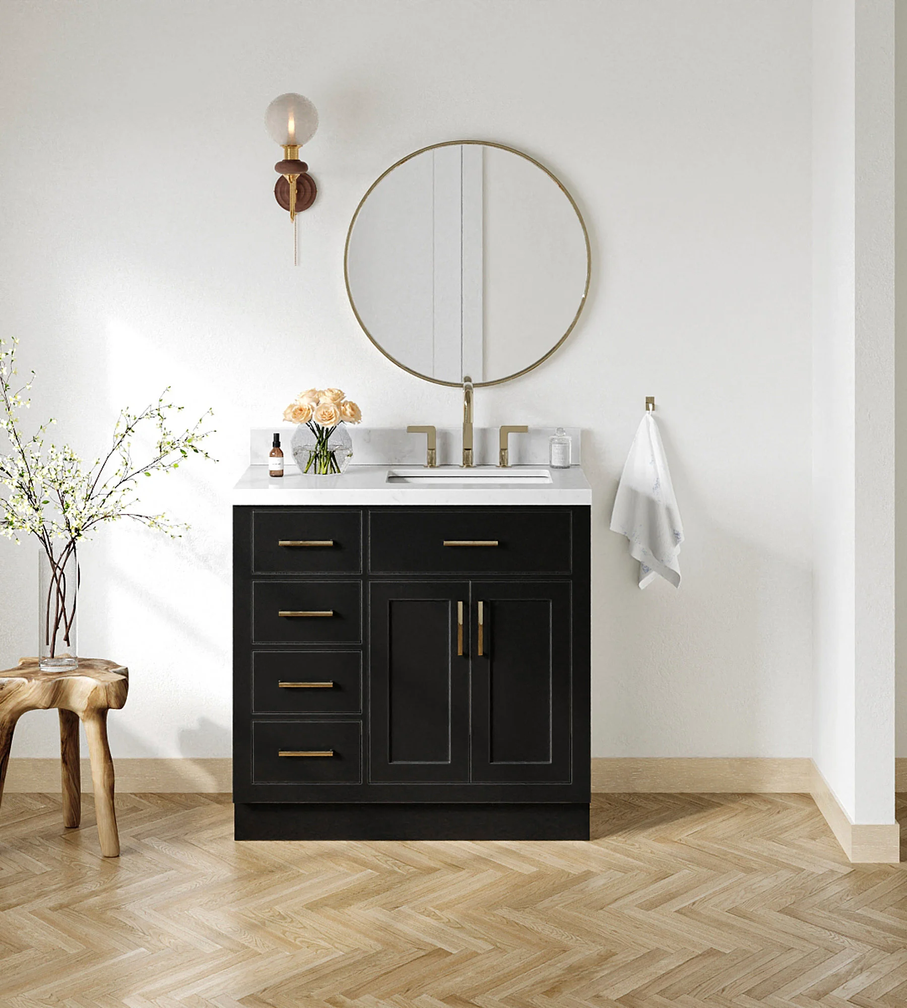 ARIEL Hepburn 36 Inch Right Offset Rectangle Sink Bathroom Vanity With Carrara White Quartz Countertop 1.5 Inch Edge In Black