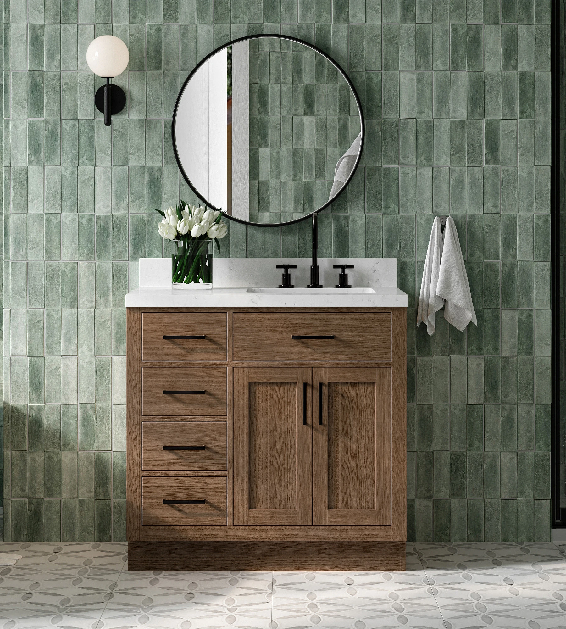 ARIEL Hepburn 36 Inch Right Offset Single Rectangle Sink Bathroom Vanity With Carrara White Quartz Countertop 1.5 Inch In Brown Oak
