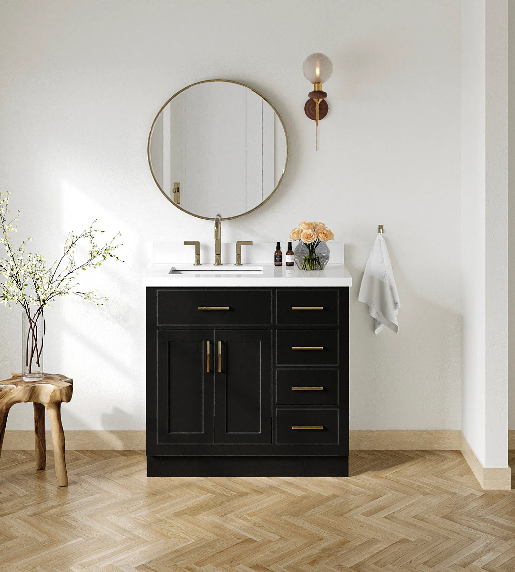 ARIEL Hepburn 37 Inch Left Offset Rectangle Sink Bathroom Vanity With White Quartz Countertop 1.5 Inch Edge In Black
