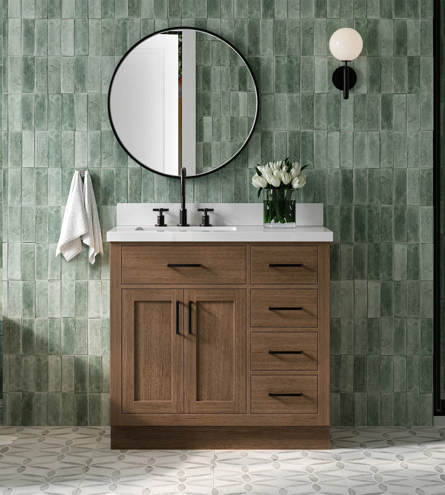ARIEL Hepburn 37 Inch Left Offset Single Rectangle Sink Bathroom Vanity With Pure White Quartz Countertop 1.5 Inch In Brown Oak