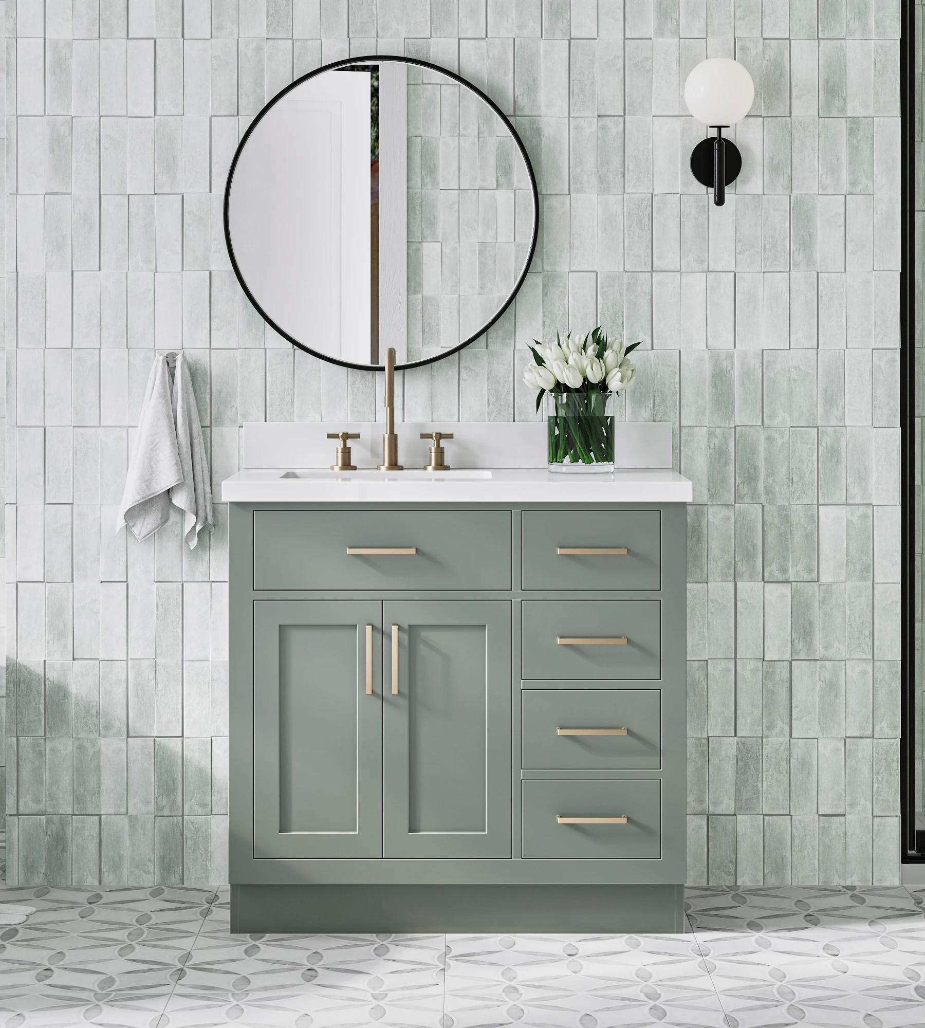 ARIEL Hepburn 37 Inch Left Offset Rectangle Sink Vanity With White Quartz Countertop 1.5" Edge In Vintage Sage Green