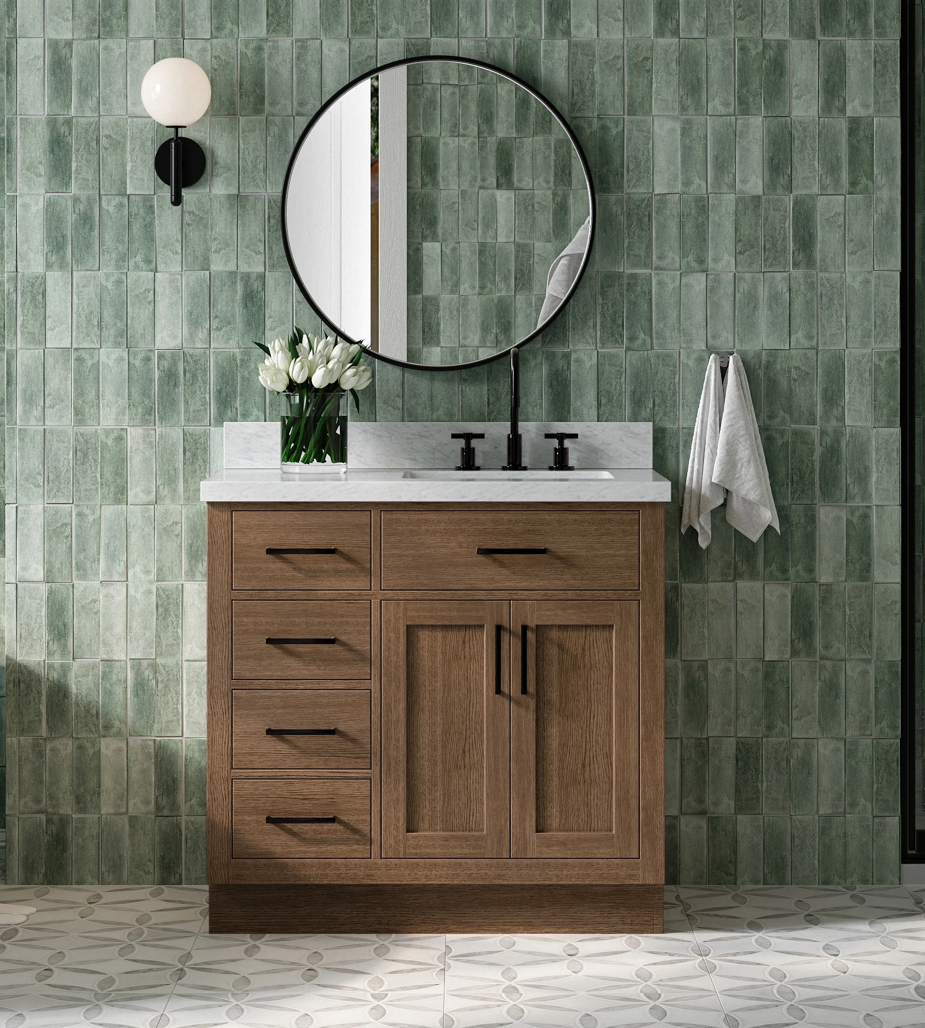 ARIEL Hepburn 37 Inch Right Offset Single Rectangle Sink Bathroom Vanity With Carrara White Marble Countertop 1.5 Inch In Brown Oak